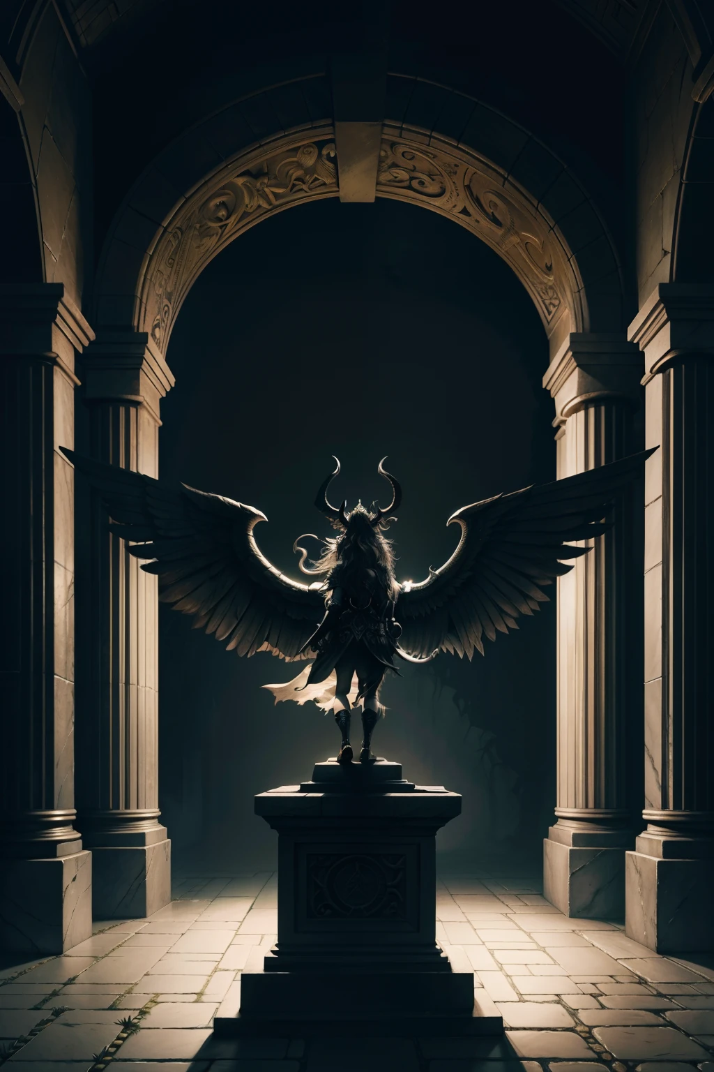 dark fantasy, 2d game art, stone devil animal with back wings, on the pedestal, underground labyrinth entrance garden background with dusk, pencil fine art, oil painting coloring, catch light, dynamic pose, dark palette with rich colors, intricate detail texture, intricate detailed, tonal contrast, toon rendering, super fine illustration, ultra quality, best quality, high quality, insanely detailed, 16k, extremely detailed,