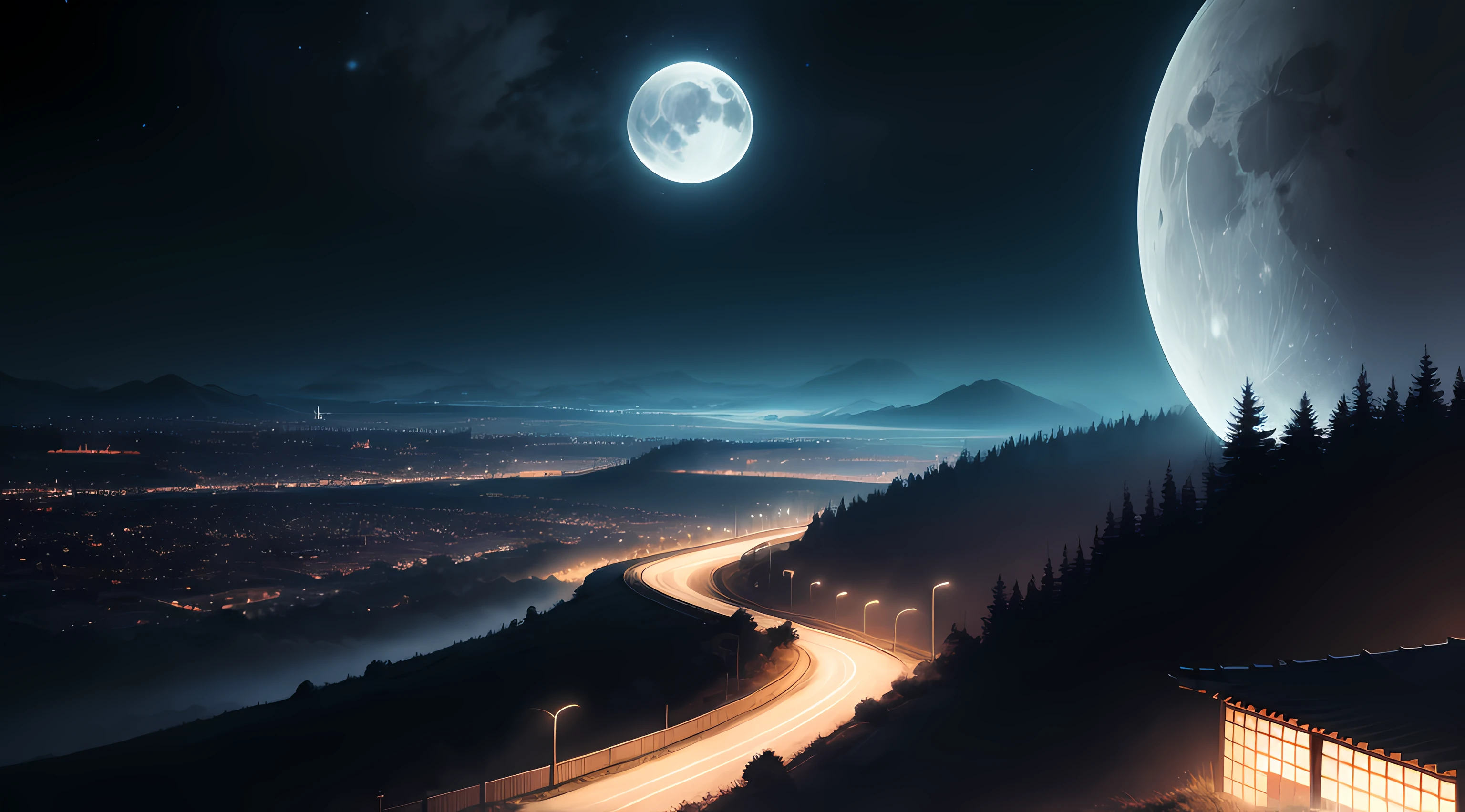 Anime bleach style landscape wallpaper, dark, night time, moon light