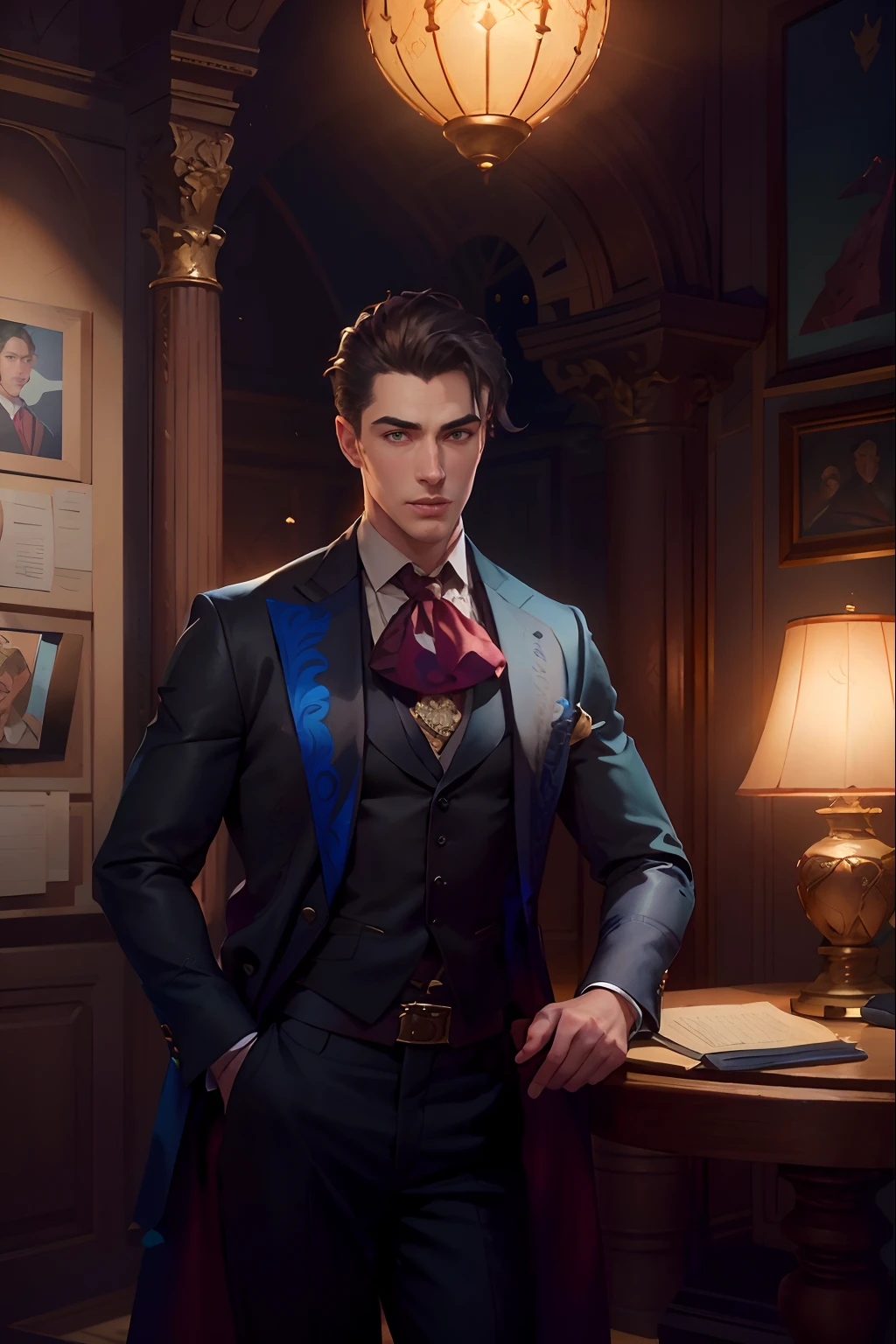 Arafed man in suit standing in a room with a lamp, epic and classy portrait, a handsome, Stunning, Realistic, official character art, stylized portrait formal pose, Edmund Blair and Charlie Bauer, fantasy male portrait, Character portrait, based on Max Magnus Norman, detailed character portrait, Maxwell's rendering, Illustration of an official character, Character portrait, handsome male vampire