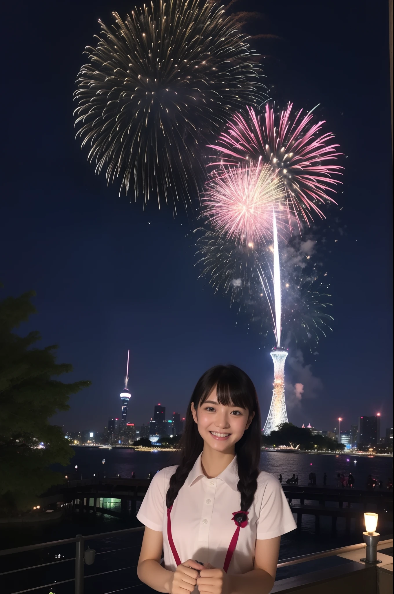 A smile、hi-school girl、校服、While doing fireworks、mare、Tokyo Skytree、cherry trees、a moon、stele、Aurora