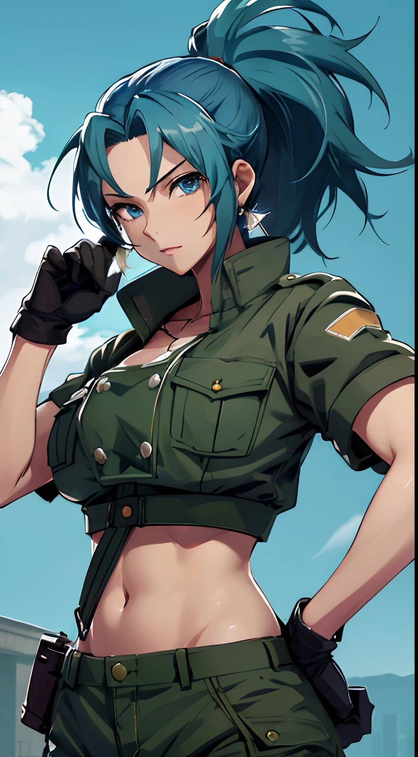 masterpiece,, best quality, highres, 1girl, leona heidern, blue hair, blue eyes, ponytail, green shorts, midriff, crop top, black gloves, breasts, military uniform, green jacket, earrings, jewelry, navel, large breasts, cowboy shot,