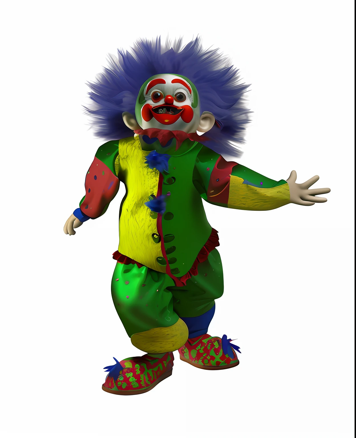 A 3D illustration of a demonic dwarf clown with a blue wig and green pants, scary clown, cutecore clown, clown waving hello, bozo the clown. clown motif, bobo da corte, bobo masculino, from a gang of circus clowns, Clown Donald Trump, Coringa grotesco, e 4K Cutecore Clowncore, The dwarf clown is away from the camera, obra de arte, arte conceitual.