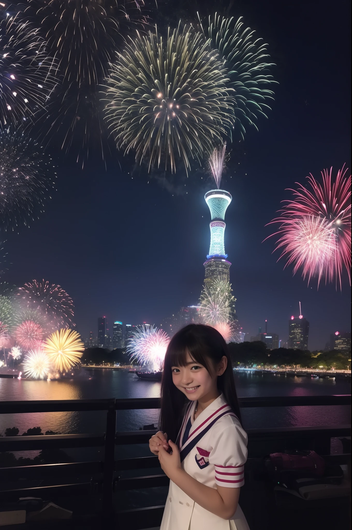A smile、hi-school girl、校服、While doing fireworks、mare、Tokyo Skytree、cherry trees、a moon、stele、Aurora