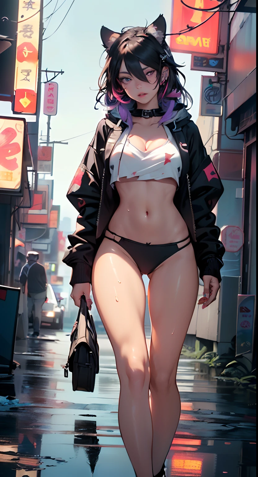 girl spacepunk,(((1girl))),((anime girl with extremely cute and beautiful black hair cat ears walking seductively down the street)),

(large breasts:1.4),saggy breasts,((((black hair,messy hair,colored inner hair,large hair,absurdly long unkempt hair:1.35,long hair,ear breathing)))),((((cat ears,cat ears on head,big cat ears)))),((pink eyes:1.3,upturned eyes:1.3,perfect eyes,beautiful detailed eyes,rainbow glows ultra-detailed deep pink purple eyes:1.1,gradient eyes:1,finely detailed beautiful eyes:1,symmetrical eyes:1,big highlight on eyes:1.2)),((fat)),(((lustrous skin:1.5,bright skin: 1.5,skin tanned,shiny skin,very shiny skin,shiny body,plastic glitter skin,exaggerated shiny skin))),(spider lower abdomen,narrow waist,wide hip,athletic body,inflated legs,delicate detailed fingers,detailed body,detailed arms,human hands,(detailed face)),

cute,slutty,seductive,erotic,(((nsfw))),

zettai ryouiki,revealing clothing,show skin,((((underboob)))),(cleavage),(semi-naked,with little clothing,((tiny thong)),bare legs,visible thong straps),((((crop top hoodie,cropped hoodie,hoodie,hoodie intricate)))),((detailed outfit,detailed clothes)),

(dynamic pose:1.0),solo focus,embarrassed,centered,scale to fit dimensions,Rule of thirds,

((((cyberpunk city by the ocean,huge buildings,neon signs,puddles)))),stormy sky,threatening sky,dark clouds,((synthwave background theme,detailed background : 1.25)),a transparent building as a huge aquarium with fish at night,nice lighting decorations,detailed architecture,detailed fish

(best quality,high resolution,sharp focus,ultra detailed,extremely detailed,extremely high quality artwork,(realistic,photorealistic:1.37),8k_wallpaper,(extremely detailed CG 8k),(very fine 8K CG),((hyper super ultra detailed perfect piece)),flawless,(((masterpiece))),illustration,vibrant colors,(intricate),High contrast,Selective lighting,Double exposure,HDR (High Dynamic Range),Post-processing,Background blur,