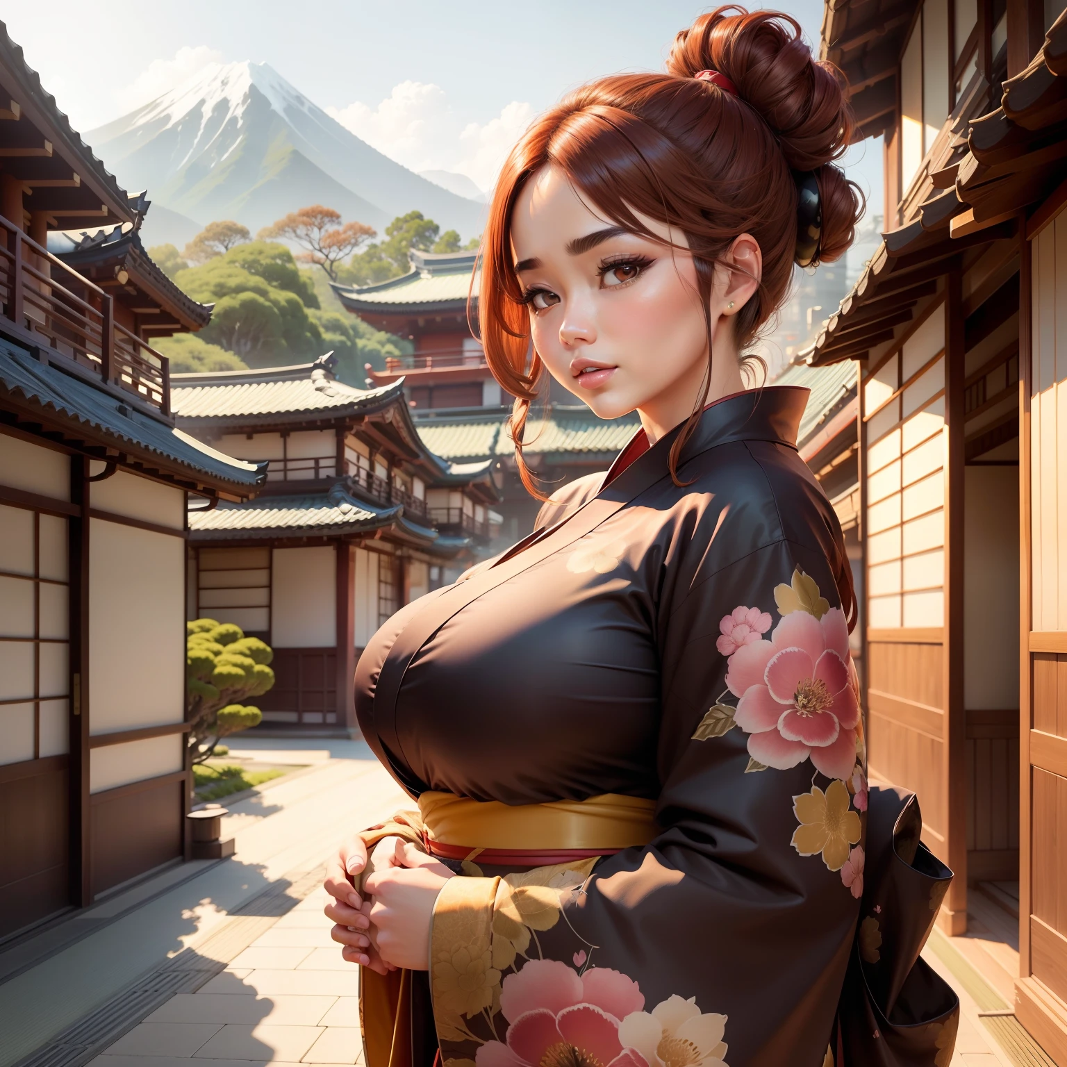 (1girl), (solo), (lobelia), (small breast), single braid, Arafe in kimono dress with flowers in her hair, in a kimono, in a kimono, goddess of Japan, wearing royal kimono, Wearing kimono, BREAK (realistic:1.4), portrait, (masterpiece), (specular lighting:1.3), (hyperrealistic:1.2), (photorealistic face:1.2), (perfect face), (perfect eyes), (best quality), (8k), (4k), sharp focus, octane render, best quality, extremely detailed, intricate, fantasy, soft lighting, (gigantic hanging breasts), (skindentation:1.3), (chubby:1.2), (voluptuous:1.2), thick eyelashes, long eyelashes,