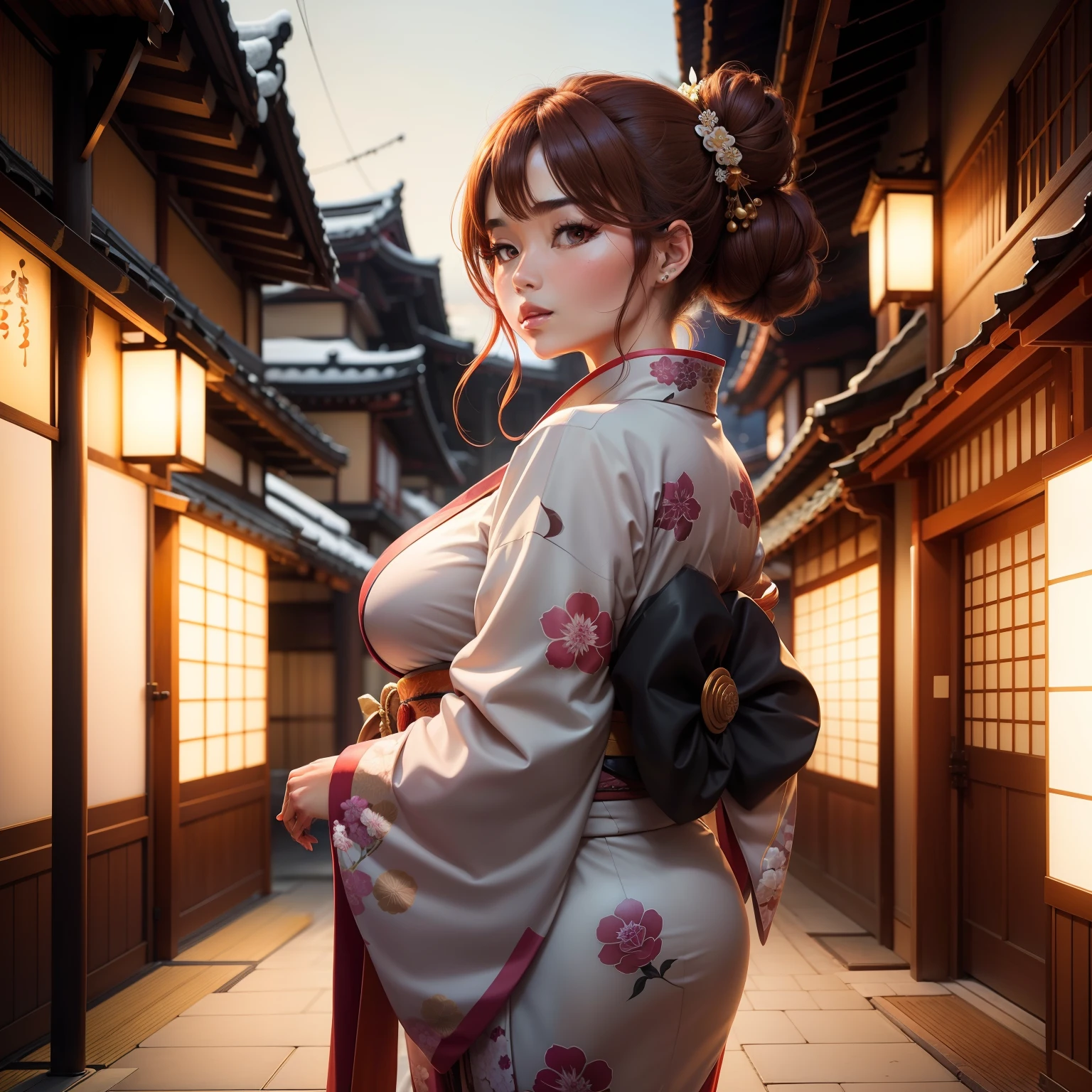 Big breasted big sexy woman with long lashes wearing beautiful kimono and bright brown color hair tied upstyle in Japan landscape city
