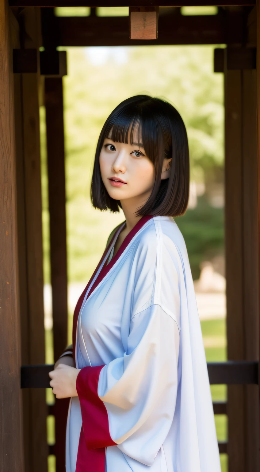 Priestess standing in front of the torii gate of the shrine、(masterpiece、top-quality) 、short-hair、absolutely outstanding image, very extremely beautiful、masterpiece, top-quality,a picture, kawaii、(Colossal tits:1.2)、((20 year old woman:1.ung adorable Japan face,8K,japanaese girl、realisitic