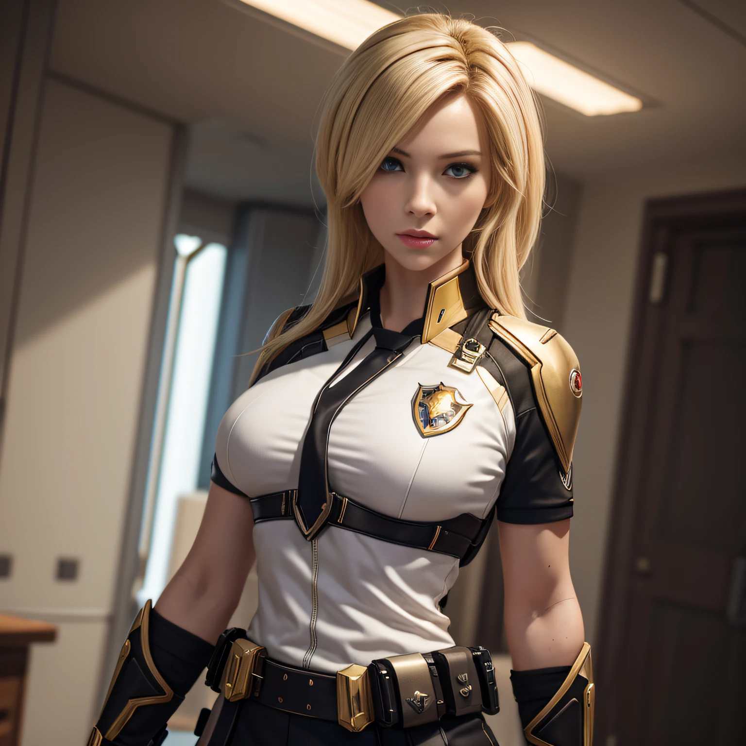 Best quality, Masterpiece, eyes reflection, Best quality, Masterpiece, The eye of mercy reflexes, Alone, In Starkta, Perfect body, Blonde, Overwatch mercy style hairstyle, OW uniform, Green eyes, Two arms, Hold your signature weapon, Low-cut uniform, utility belt, Alone, Command Room, 8K, Masterpiece, A high resolution, absurderes, natural volumetric lighting and best shadows, Deep depth of field, Sharp focus, Naughty face, Super delicious, Medium breasts