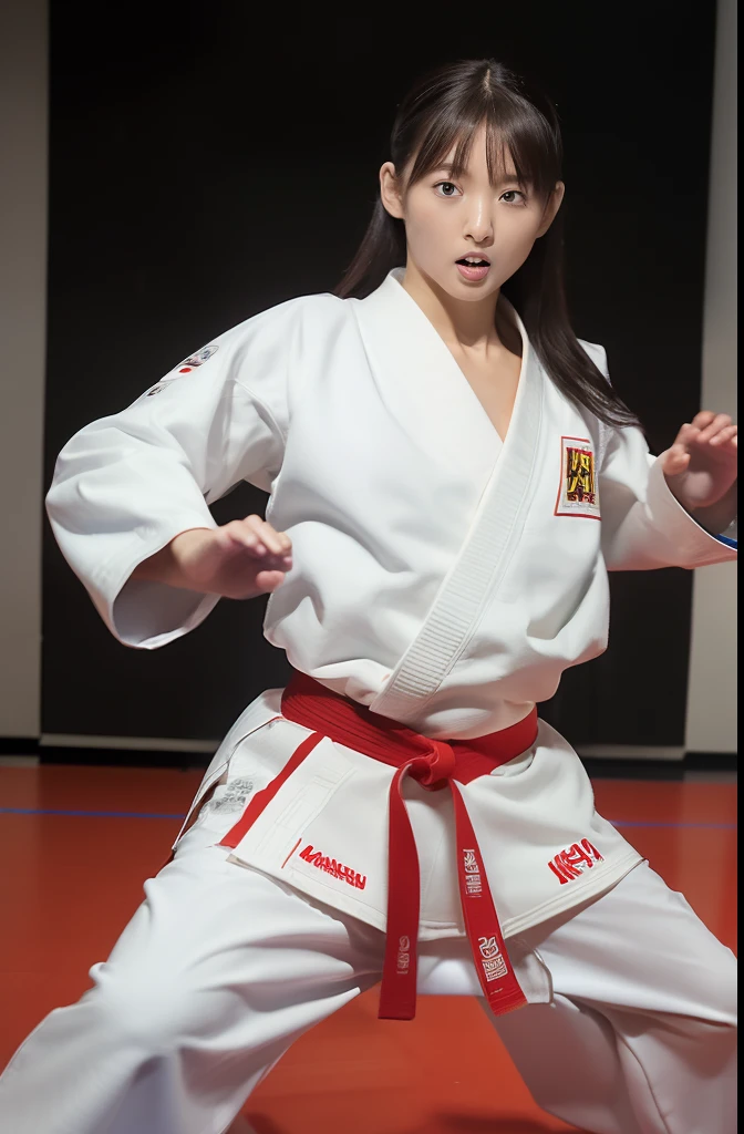 (8K、Raw photography、qulity、、、、、、​masterpiece:1.2)、(realisitic、Photorealsitic:1.37)、(1girl in), Karate girl in Japan、18 years old、White thin karate uniform、Fighting, ((Kick Pose:1.5)), ((Spinning kick:1.2)), high kick, Training room in the dark、solemnity、Be intimidating、Dignified atmosphere、Slightly stiff figure、barefoot, no-bra, (big ass), thick lower body、tight-fitting Karate pants, Camel toe, ((Skindentation)), dynamic angle, (karate uniform with wide open chest:1.5), plunging neckline, detailed face, detailed foot