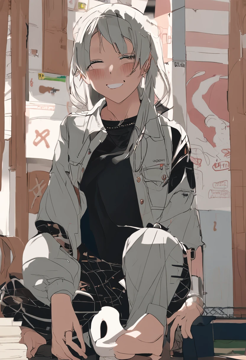 A girl in the classroom (Wearing a black and white striped close-fitting top 1.5) The horizontal strips are black and white, wearing blue jeans, wearing small white shoes, and the hair is black (Hairstyle 2 of the ball head.5) (The eyes are elongated 2.7)Smiling with a little flush on his cheeks, bulging cheeks, height 162 cm, thin body, white skin (Chest protrusion 2.7) Separate See breasts Smiling masterpiece Beautiful vivid Face with lots of details on the face( Full cheeks 1.3)The chin is not pointed, not the V-shaped face (There is dimple 1.2)Facing me, with a little milk on his mouth, his eyes narrowed into a line