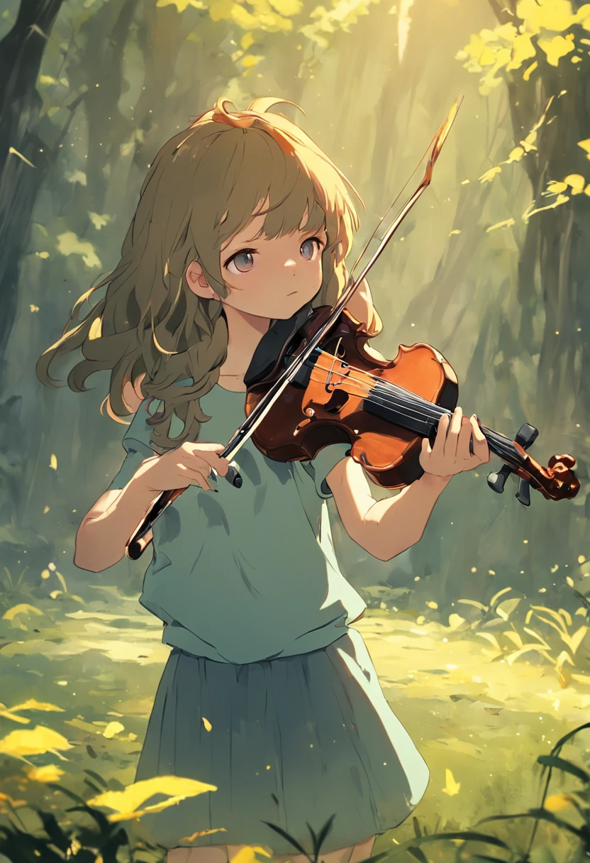 de 5 anos, cabelo longo, liso e preto, olhos brilhantes, utilizando roupas camponesa, Tocando violino na floresta, Easy poses and axes, Pintura SNES