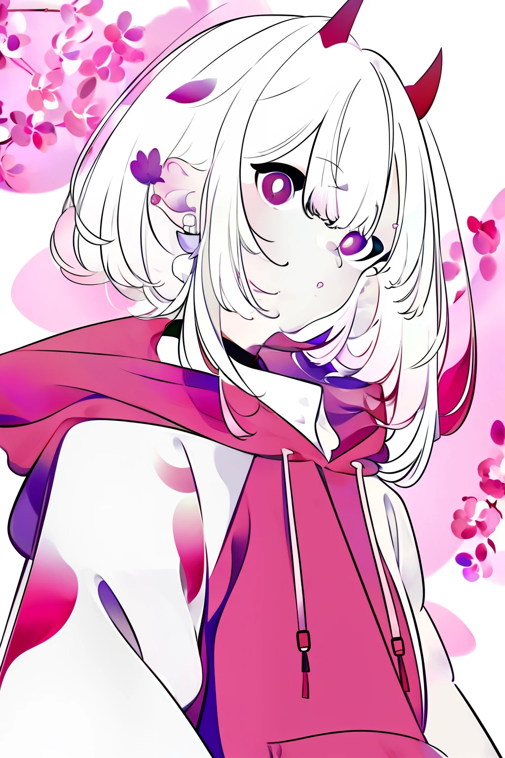 art by yosk6000, flat color, petal color, low contrast, 1girl, solo, white hair, pink pupils, fake horns, upper body, hoodie, chocker