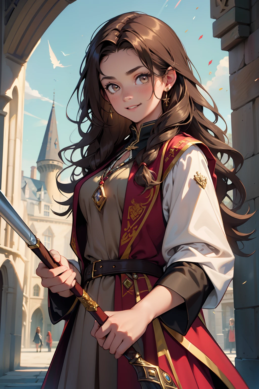 ((masterpiece:1.2), (best quality:1.2), looking at viewer, bare and fair skin,Wizarding world, shimmer reflected on hair, long hair fluttering in the wind, (wavy long hair), hair middle part, energetic , smily, happy , 15 year old eauropean girl, dark brunette hair, Brown eyes, victorian simple dress, gryffindor, red color, active young girl holding wand, medium B cup breast, charming young lady, Gryffindor robe, harry potter style, light brown eyes