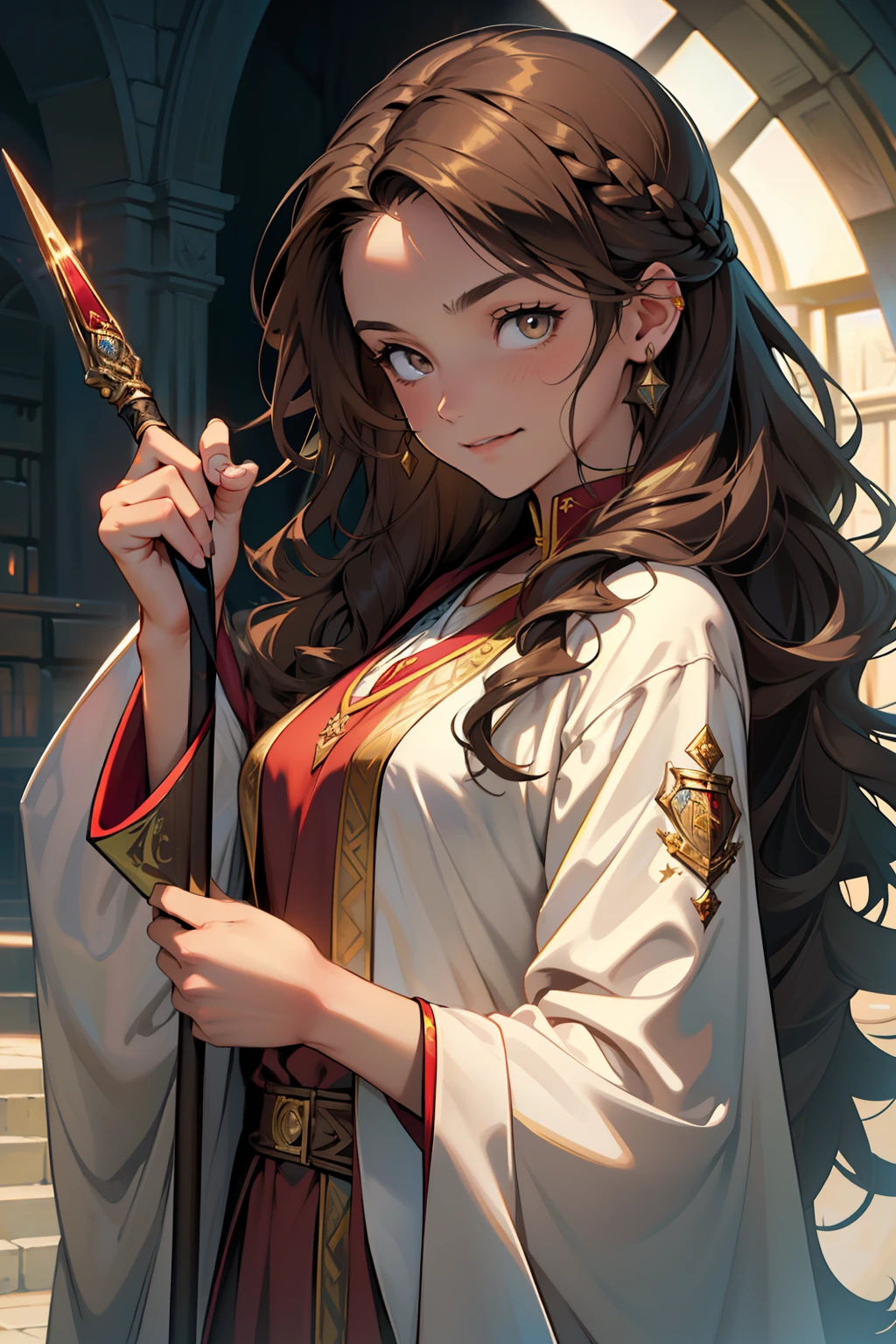 ((masterpiece:1.2), (best quality:1.2), looking at viewer, bare and fair skin,Wizarding world, shimmer reflected on hair, long hair fluttering in the wind, (wavy long hair), hair middle part, energetic , smily, happy , eauropean girl, dark brunette hair, Brown eyes, victorian simple dress, gryffindor, red color, active young girl holding wand, medium B cup breast, charming young lady, Gryffindor robe, harry potter style, light brown eyes