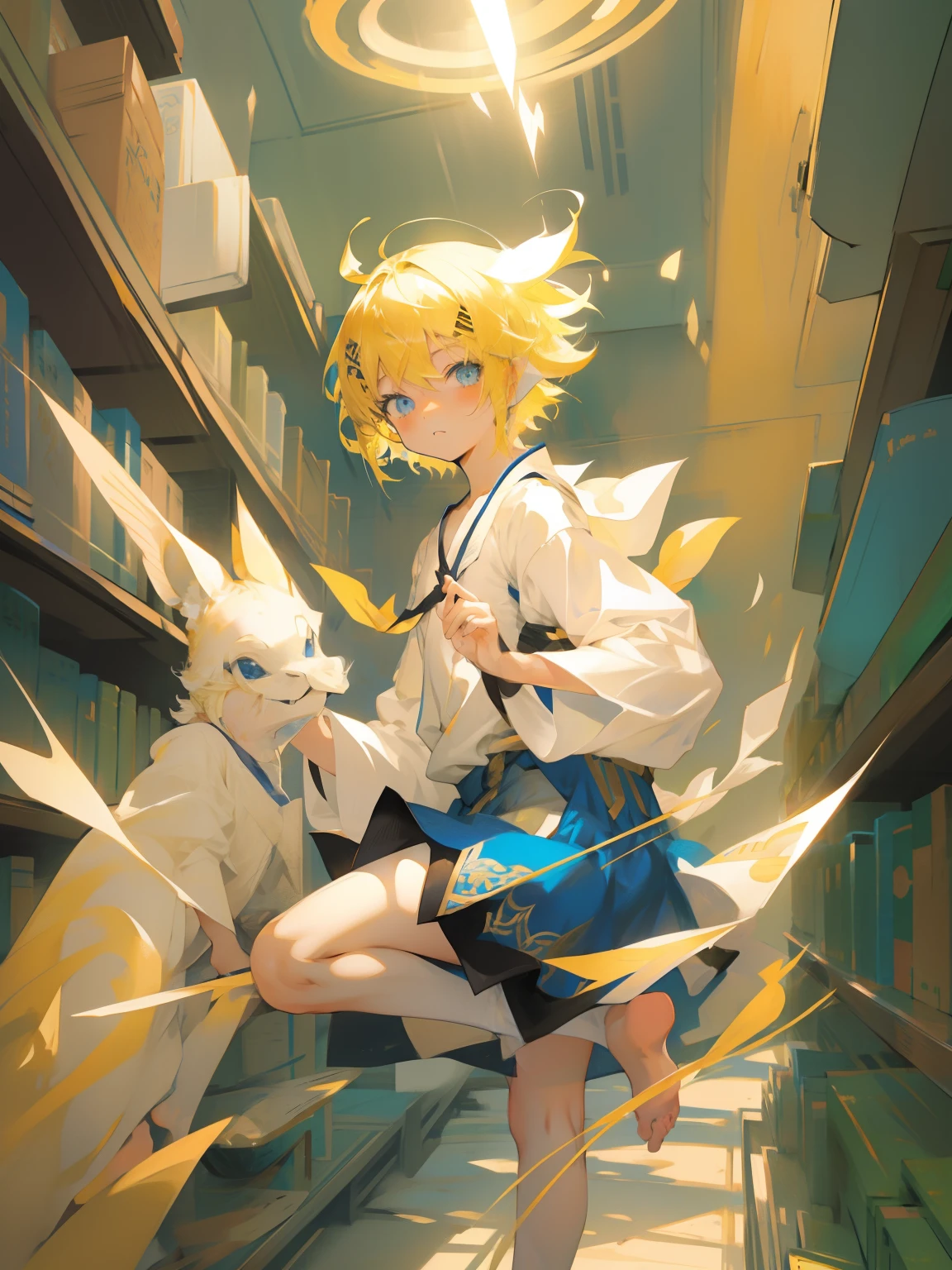 (8K),Yellow-haired, blue-eyed little Shota,short detailed hair,short detailed hair,short detailed hair,The barefoot,校服,libraryai
