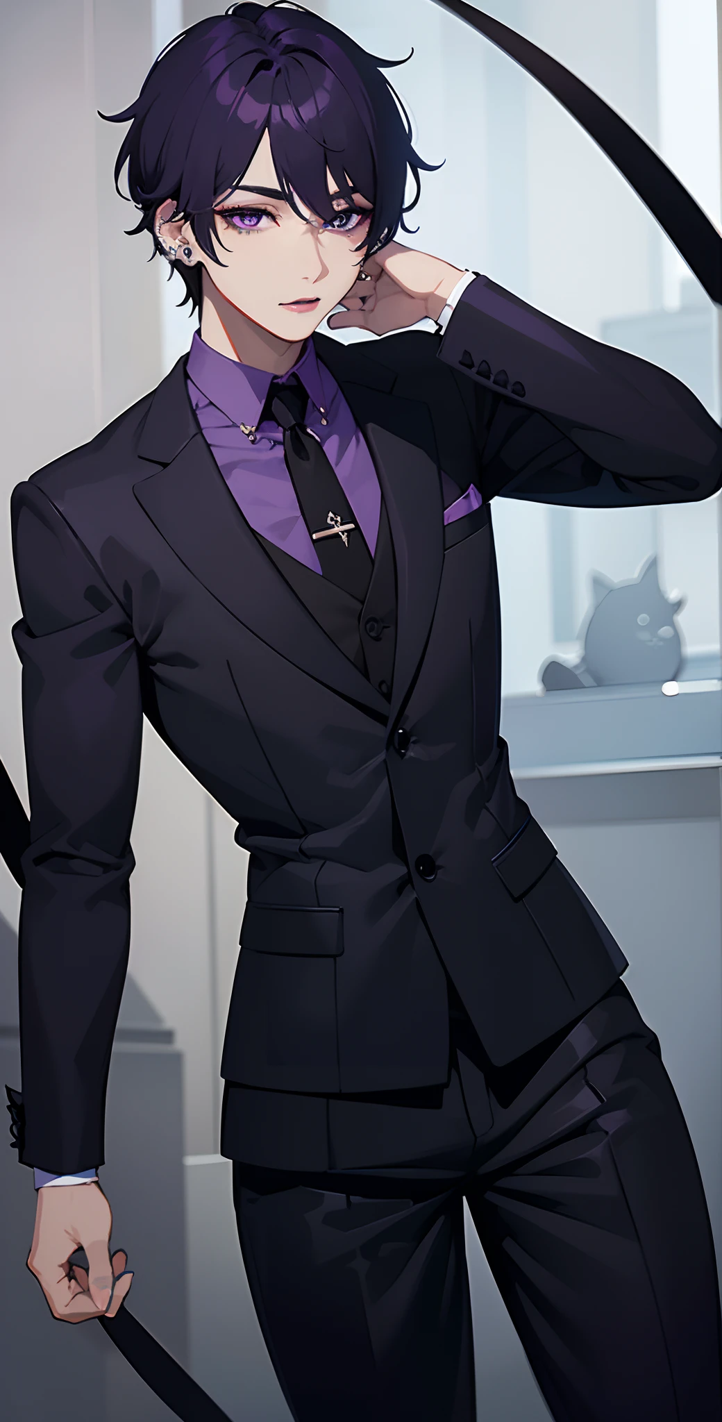 top-quality、masterpiece、hight resolution、Purple Shorthair、well-muscled、Expensive suit in black、Handsome man、a handsome、light skinned、Black Eye Makeup、black lipstick、a purple eye、beautiful shadow、Hyper Detail、Mole under left eye、Complex numerous piercings