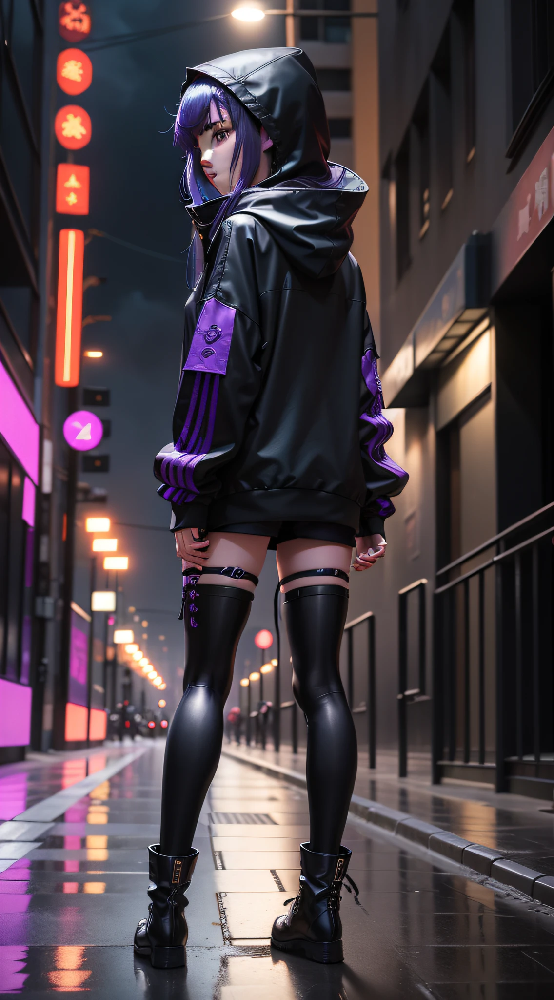 Dragon Maiden，Long blue-purple gradient hair，Slanted bangs block the right eye，Black sweatshirt，，black long boots，Purple leg cover on the right leg，grey shorts，cyber punk perssonage，Cool，城市，rained，Hood，The back does not look back，natta