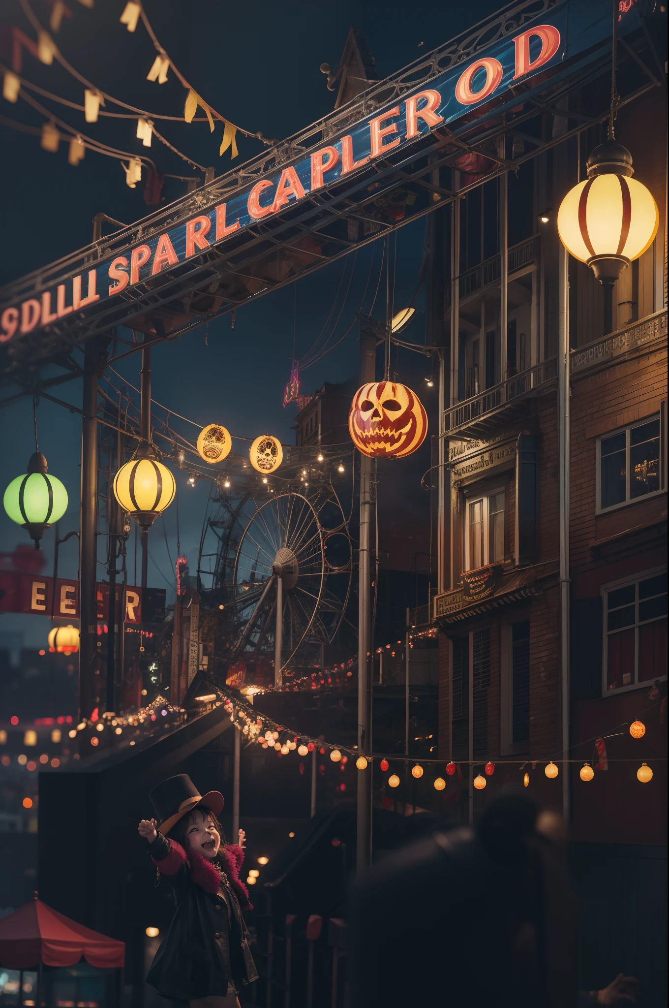 "A child filled with joy as they immerse themselves in the lively carnival festival, surrounded by vibrant lights and thrilling rides, all decked out in a spooky horror theme."