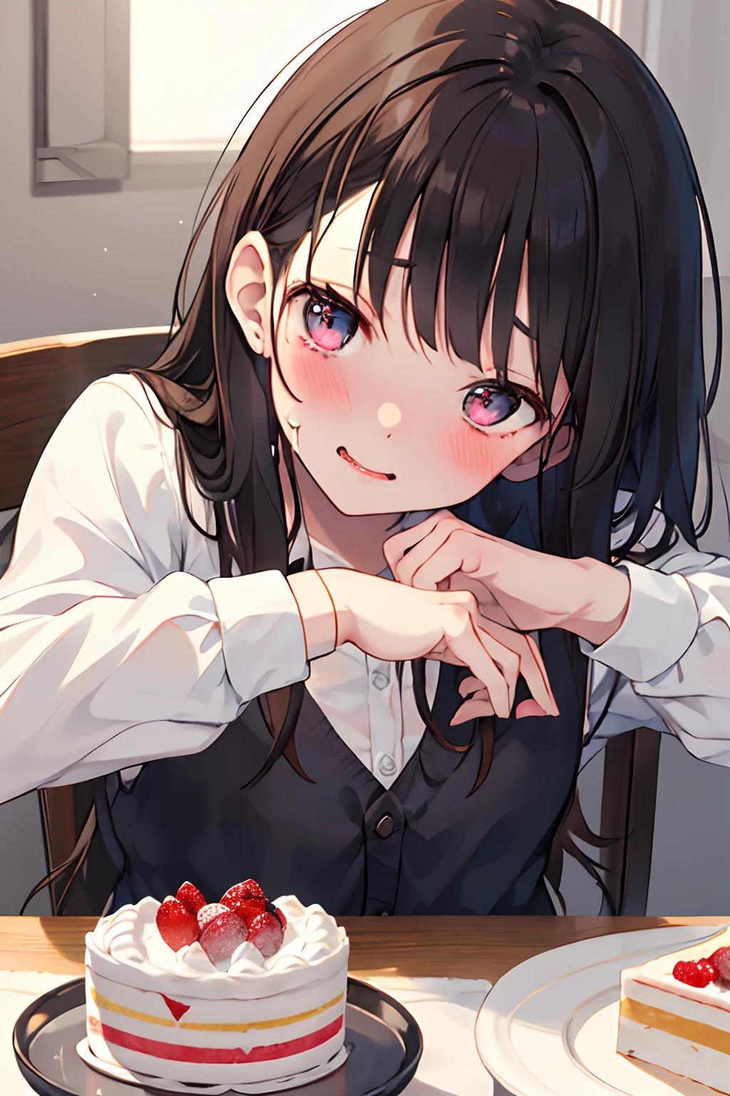 cake on table, Young woman with dark hair,Cute s,pure lust,blushed face