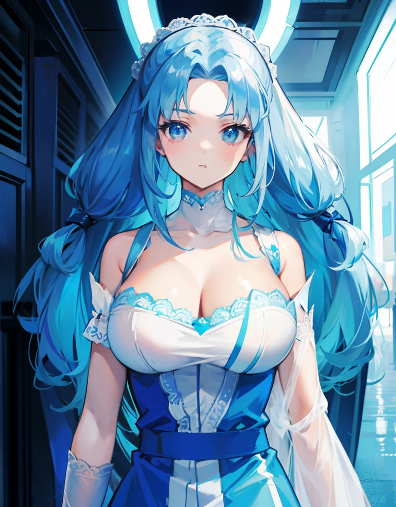 blue hairs,Blue and white clothes,Oversized breasts,A sweet girl with a heroic appearance