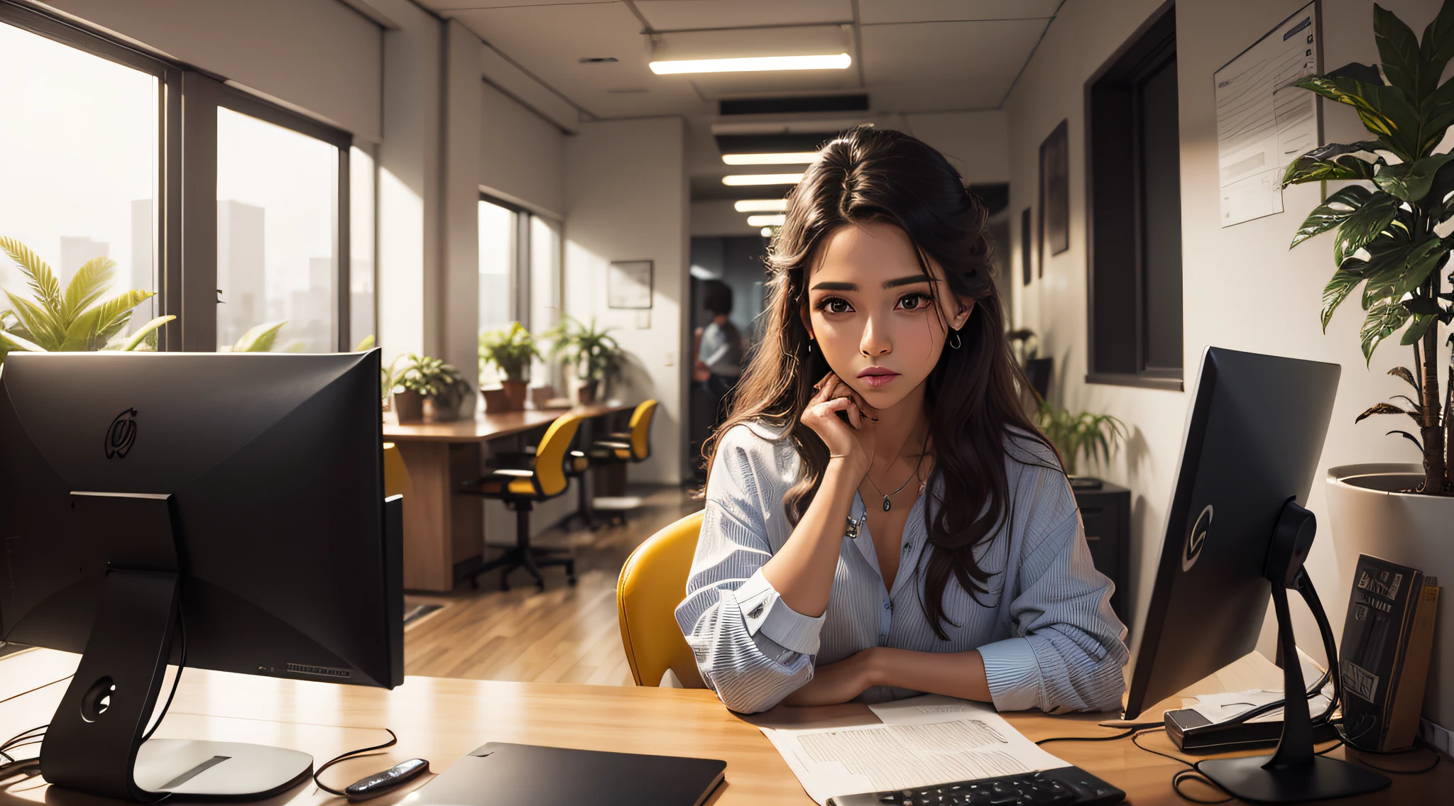estilo cartunesco，No fundo da noite，office room，Designers trabalhando na frente de um computador，hair messy，Olheiras，coffee shop，Uma planta，Detalhes ricos，A luz suave，tmasterpiece