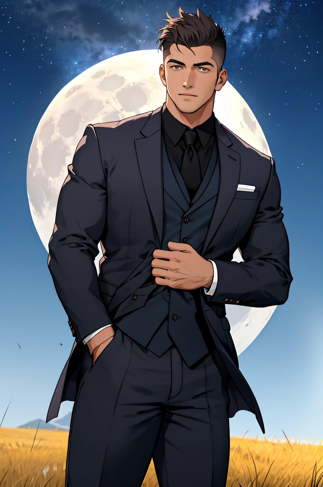 Draw a full-fledged footballer,Standing on the steppe at night,Quiet and comfortable background,He wears the same suit as the country's president,The suit fits perfectly,Handsome face,eyes with brightness,The man looks confident and determined,looking-down,Crew cut,full bodyesbian,Stars dot the sky,shooting from below,Big moon highlights background