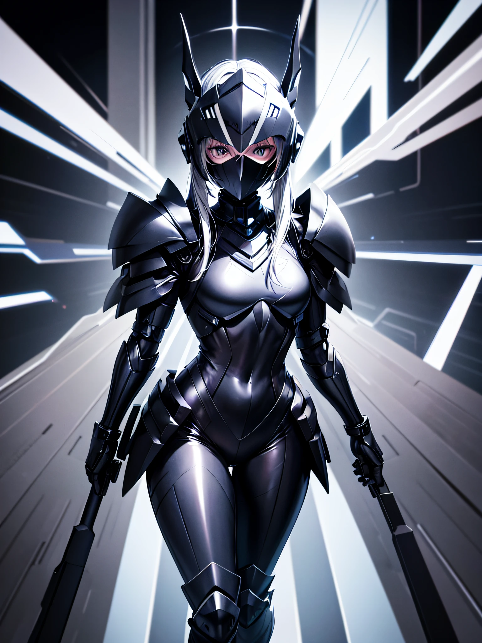 8K UHD、Silver-haired and small-nosed beauty in a black shiny black full-body rider suit wearing a black full-face helmet that covers the entire head is standing with her legs open facing the front、Wearing metallic full armor、Upper Body Up