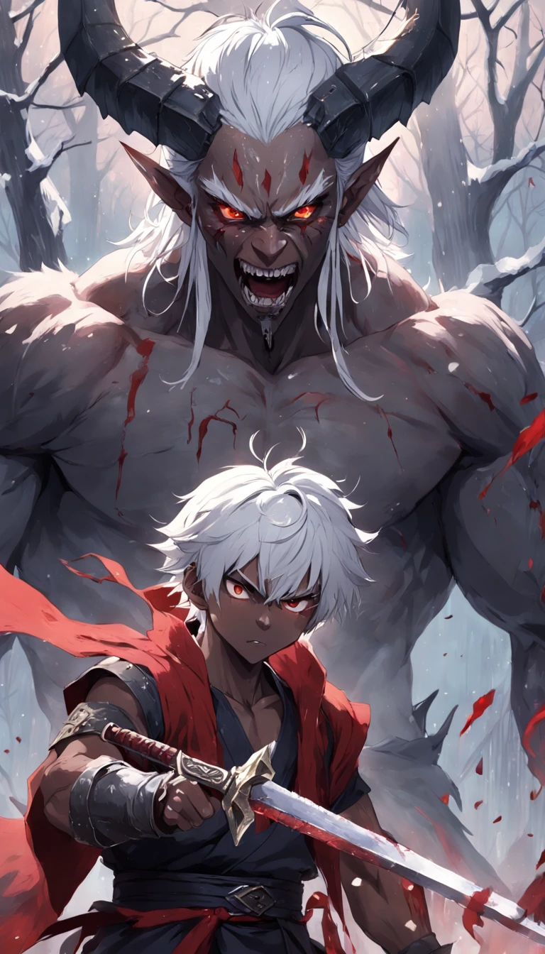 An epic scene in a desolate village reduced to ruin, it is snowing and there is a young white-haired boy who even bruised and bleeding holds a sword and faces a giant demon with dark skin and big horns