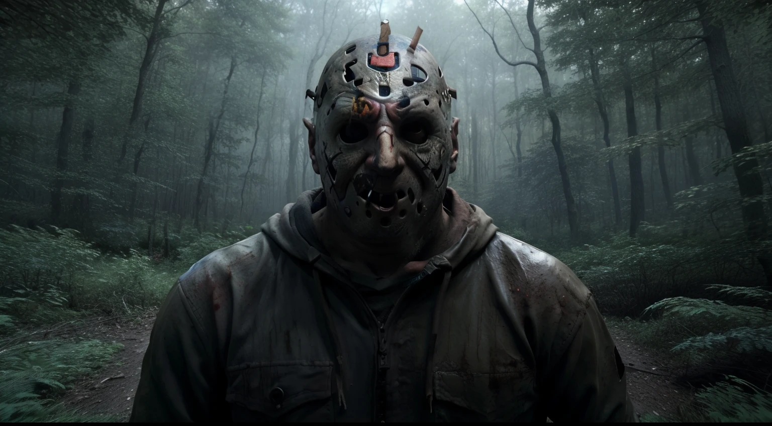 A closeup of a person wearing a mask in a forest, Jason Voorhees, JASON, inspirado em Clark Voorhees, arte conceitual de terror, arte de terror 4k detalhada, personagens de filmes de terror, slasher filme de terror, inspirado em Jason Edmiston, sorriso slasher, horror altamente detalhado, jogo de terror, inspirado em Jason A. Engle