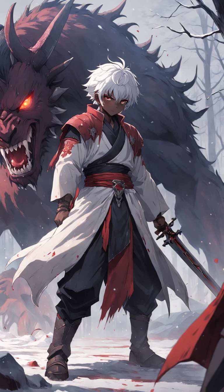 An epic scene in a desolate village reduced to ruin, it is snowing and there is a young white-haired boy who even bruised and bleeding holds a sword and faces a giant demon with dark skin and big horns