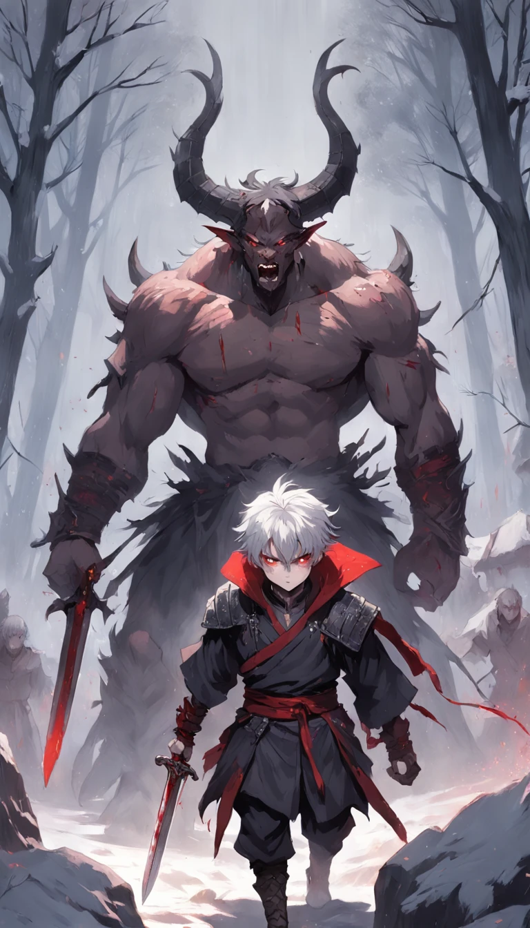 An epic scene in a desolate village reduced to ruin, it is snowing and there is a young white-haired boy who even bruised and bleeding holds a sword and faces a giant demon with dark skin and big horns, Best quality, masterpiece, ultra high resolution, detailed background, realistic, illustration, blood splatter, volumetric lighting, depth of field, ultra detailed, 8k