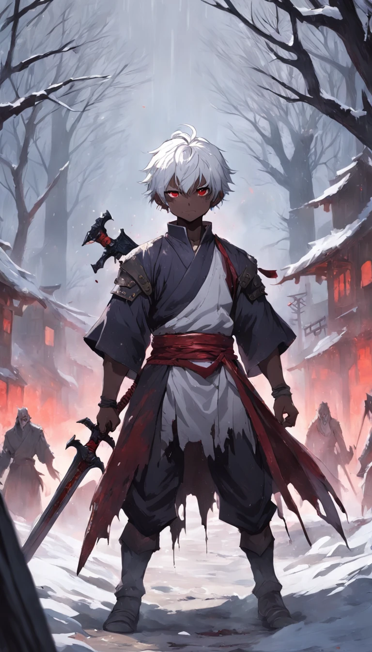 An epic scene in a desolate village reduced to ruin, it is snowing and there is a young white-haired boy who even bruised and bleeding holds a sword and faces a giant demon with dark skin and big horns