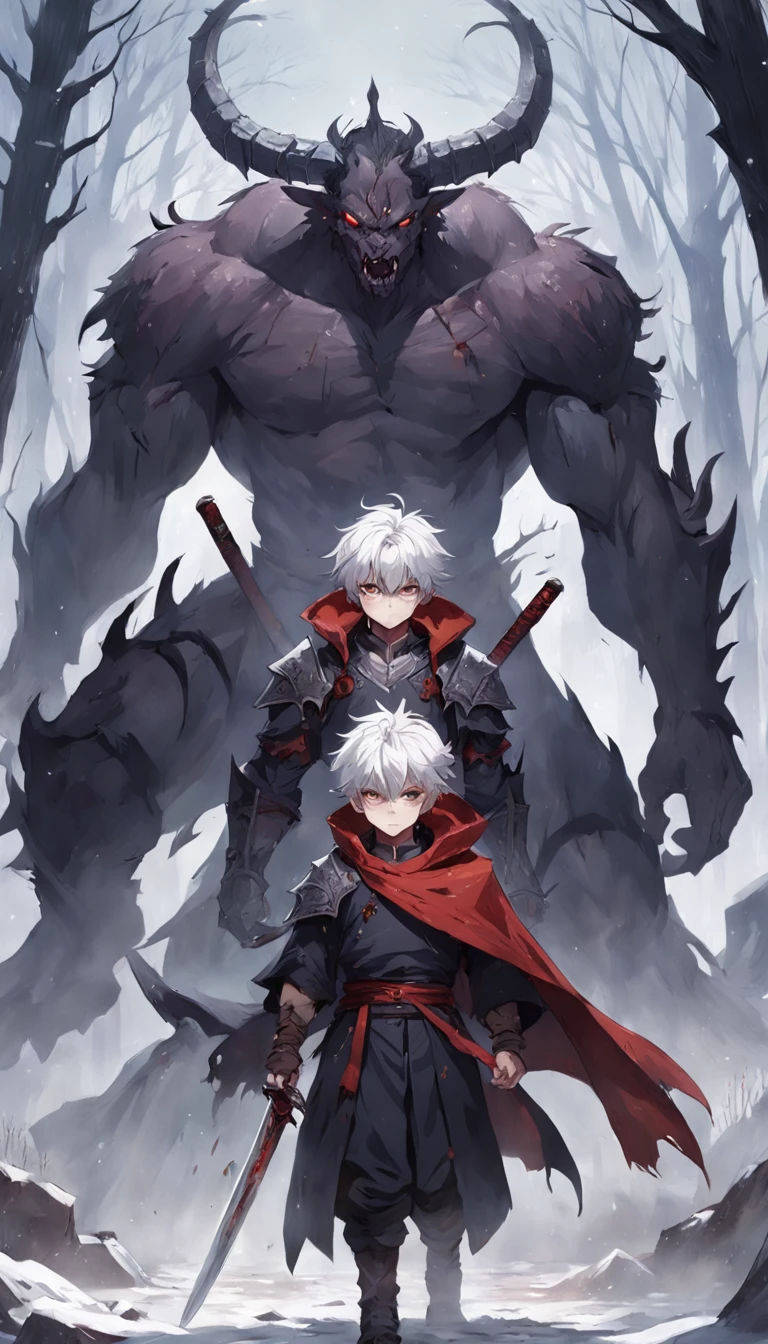 An epic scene in a desolate village reduced to ruin, it is snowing and there is a young white-haired boy who even bruised and bleeding holds a sword and faces a giant demon with dark skin and big horns