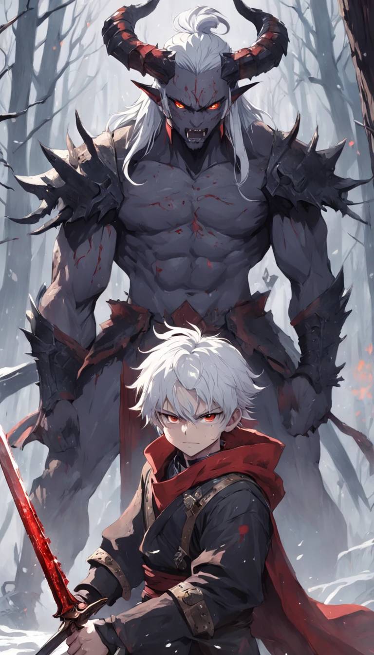 An epic scene in a desolate village reduced to ruin, it is snowing and there is a young white-haired boy who even bruised and bleeding holds a sword and faces a giant demon with dark skin and big horns