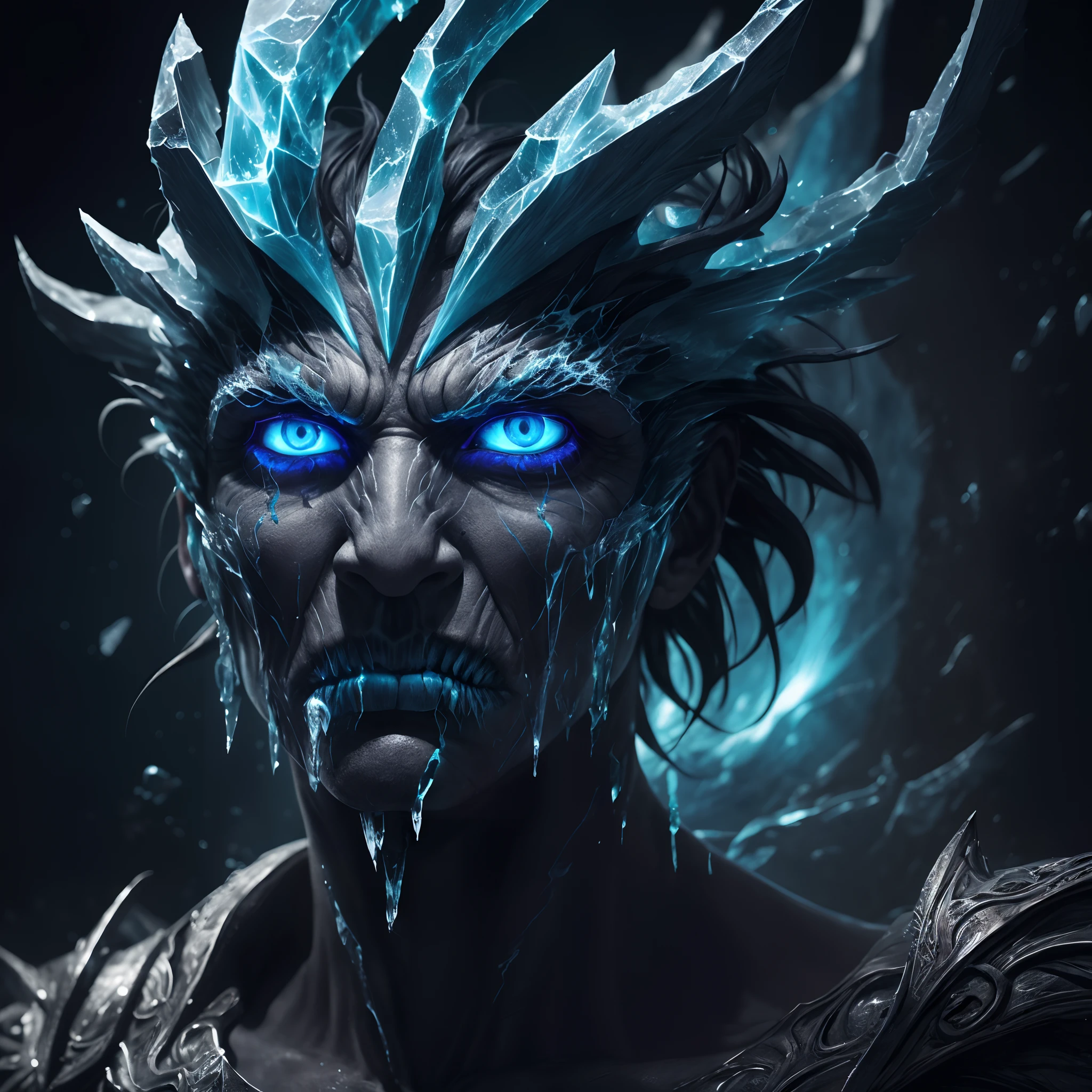 Create a portrait of a monster with a icy face, influenced by the colour light blue, face highly detailed with icy scars and curves.