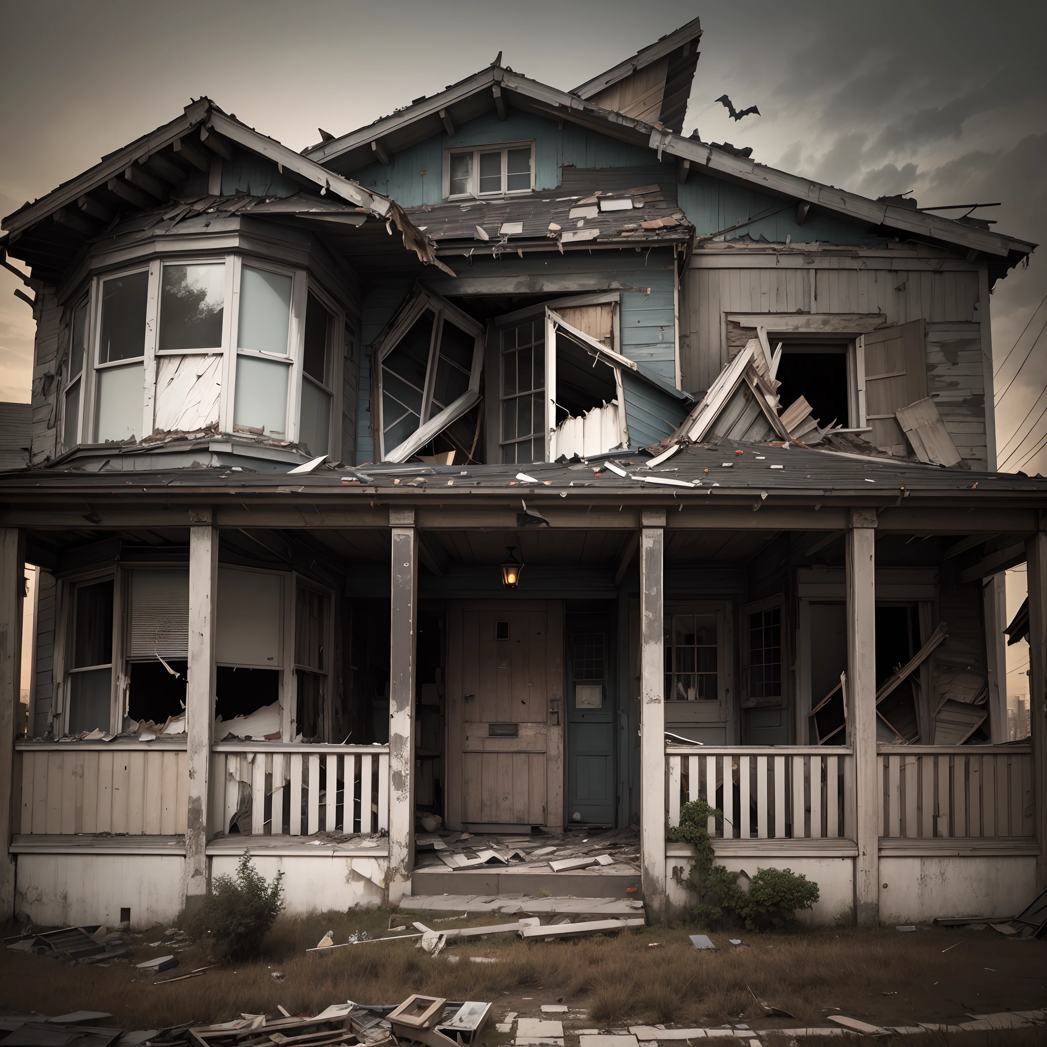 broken old house, dark colour, broken windows,broken doors,Hollywood night,bats, rule of thirds composition, intricately detailed,4k resolution,camera view --auto --s2