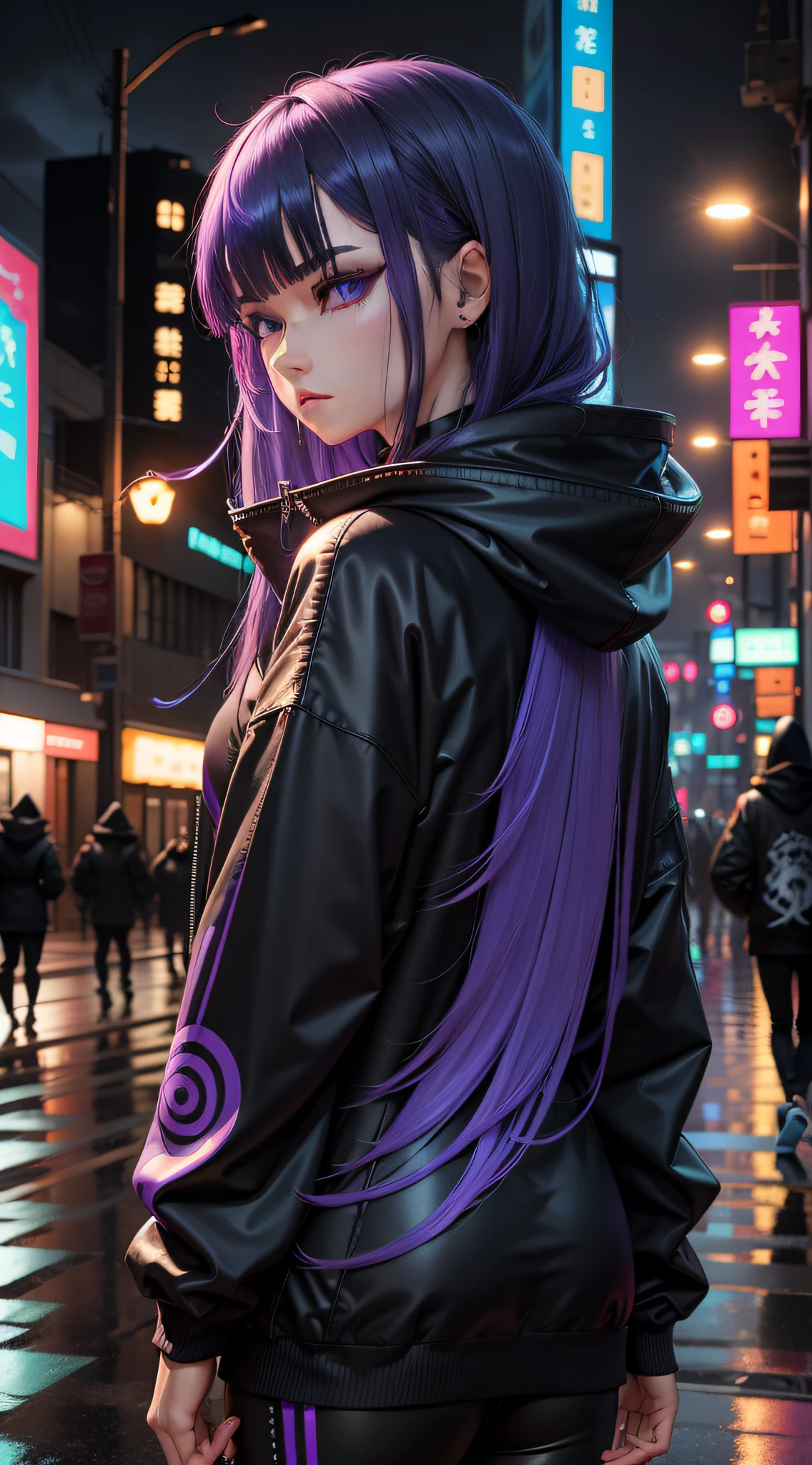 Dragon Maiden，Long blue-purple gradient hair，Slanted bangs block the right eye，Black sweatshirt，cyber punk perssonage，Cool，城市，rained，Hood，The back does not look back，natta