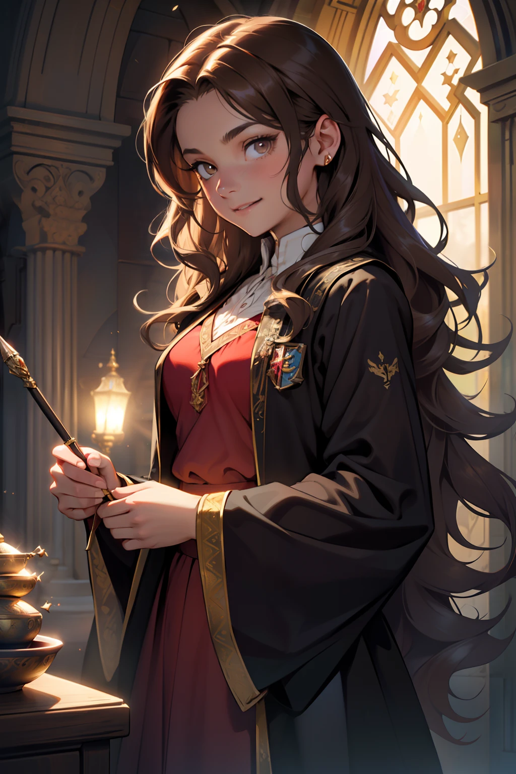 ((masterpiece:1.2), (best quality:1.2), looking at viewer, bare and fair skin,Wizarding world, shimmer reflected on hair, long hair fluttering in the wind, (wavy long hair), hair middle part, energetic , smily, happy , 15 year old eauropean girl, dark brunette hair, Brown eyes, victorian simple dress, gryffindor, red color, active young girl holding wand, medium B cup breast, charming young lady, Gryffindor robe, harry potter style, light brown eyes