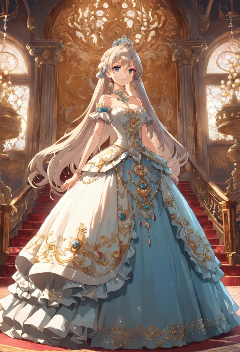 ((anime artstyle)),(Masterpiece),(Best Quality),(Super Detail),(Very Delicate and Beautiful),Solo,((full body,standing pose)),standing in the royal palace,((1 queen in jeweled gorgeous rococo ballgown with voluminous full length hoop skirt)),(crinoline),gorgeousfull embroidery,((gorgeous gemstone jewelry)),detailed face and eyes,jewel-like eyes,((large amount of straight hair,extremely Long voluminous Hair)),((gigantic tits,Long tits,skindentation)),gorgeousfull embroidery,cleavage,extremely gorgeousfull hair ornament,(bling-bling extremely gorgeousfull jeweled tiara),gorgeous corsage,(Dynamic Angle),Looking at viewer,((full body))