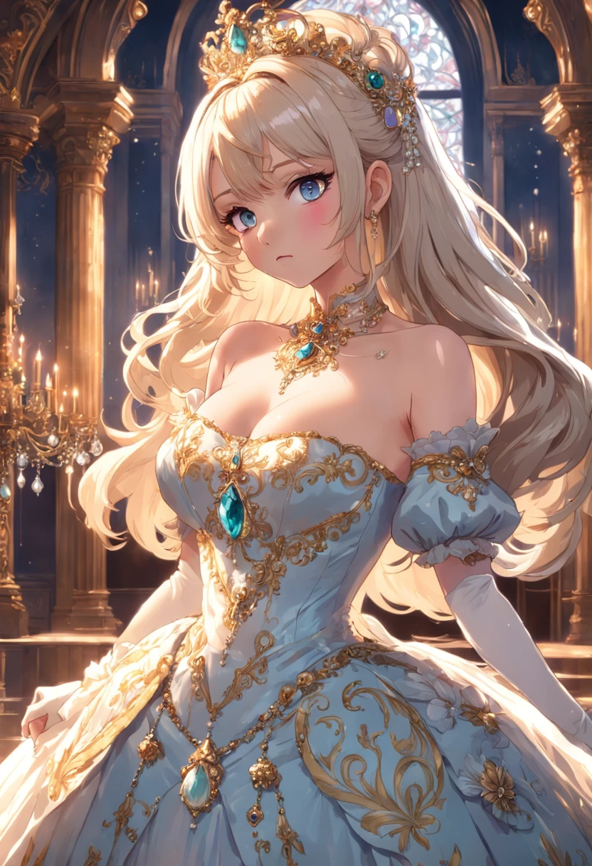 ((anime artstyle)),(Masterpiece),(Best Quality),(Super Detail),(Very Delicate and Beautiful),Solo,((full body,standing pose)),standing in the royal palace,((1 queen in jeweled gorgeous rococo ballgown with voluminous full length hoop skirt)),(crinoline),gorgeousfull embroidery,((gorgeous gemstone jewelry)),detailed face and eyes,jewel-like eyes,((large amount of straight hair,extremely Long voluminous Hair)),((gigantic tits,Long tits,skindentation)),gorgeousfull embroidery,cleavage,extremely gorgeousfull hair ornament,(bling-bling extremely gorgeousfull jeweled tiara),gorgeous corsage,(Dynamic Angle),Looking at viewer,((full body))