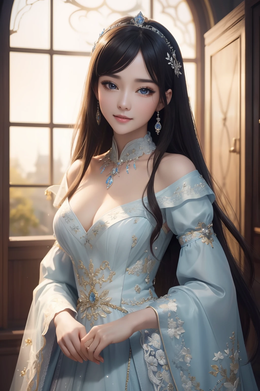 ((top-quality、​masterpiece、photographrealistic:1.4、8K))、1 beautiful detailed girl、extremely detailed eye and face、beatiful detailed eyes、（Fairytale style dress、Princess）、Luxury Accessories、Elegant smile、（Like appearing in a fairytale world、Generate beautiful princess portraits。Her eyes sparkle、The dress is decorated with delicate embroidery、There is an atmosphere of grace around her。）、Cinematic lighting、Textured skin、Super Detail、high detailing、High quality、hight resolution、（looking at the viewers）、