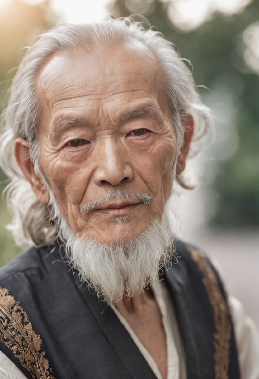 Portrait photography, Medium length blonde curls, 80-year-old man,Long beard,Asian image,Face full of wrinkles,Thin,Summer look,Look at the viewer,Full body photo,Faraway view,Natural soft light,真实感,high-definition photography, clean-shaven, Friendly expression, Hefty Smile, Medieval fantasy beautiful civilian costumes, In the medieval fantasy city, The Nikon D850 and Nikon AF-S NIKKOR 70-200mm f subtly capture color/2.8E FL ED VR Lens, Peter Jackson, fantasy, Historical