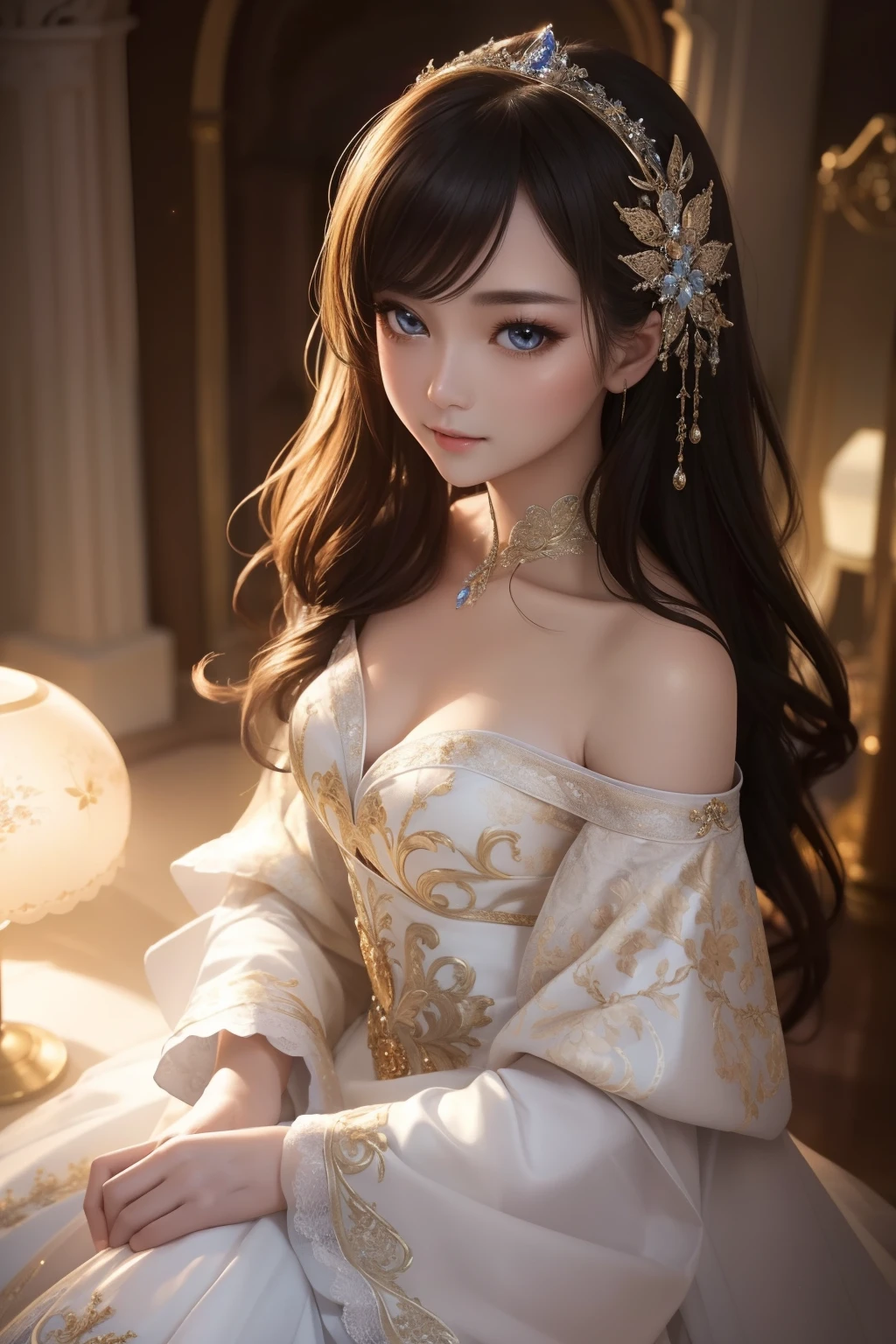 ((top-quality、​masterpiece、photographrealistic:1.4、8K))、1 beautiful detailed girl、extremely detailed eye and face、beatiful detailed eyes、（Fairytale style dress、Princess）、Luxury Accessories、Elegant smile、（Like appearing in a fairytale world、Generate beautiful princess portraits。Her eyes sparkle、The dress is decorated with delicate embroidery、There is an atmosphere of grace around her。）、Cinematic lighting、Textured skin、Super Detail、high detailing、High quality、hight resolution、（looking at the viewers）、
