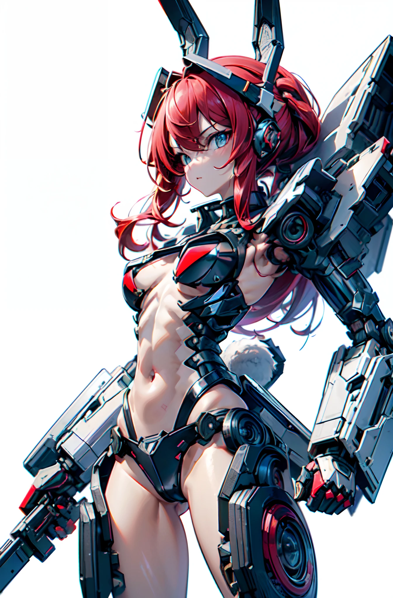 (bare chest and navel), masterpiece face, masterpiece eyes, (feminine machine body), (black color machine joints, Mechanical skelton and Artificial muscle), mechanical skin, machine flanks, (Machine internal structure exposure:1.2), (red long hair), (mechanical bikini armor:1.1), rabbit ears, rabbit tail, cowboy_shot, side focus, shiny, cyber punk, (white background, no background), Masterpiece, best quality, captures a super cute moment, depth of field, ultra detailed, ultra high resolution, C4D, Octadale, 3D modeling, 8k, 16k,