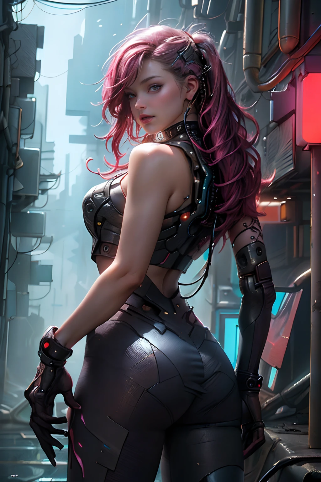 cyber punk Girl,(top-quality、8K、32K、​masterpiece)、(The ultra -The high-definition)、(Photorealsitic:1.4)、Raw photography,Charming perfect figure, facing camera, cowboy shot, dynamic pose, long shapeless hair, facing camera, Detailed cyberpunk fashion、World of Cyberpunk,depth of fields,blurry backround, cinematic lighting.