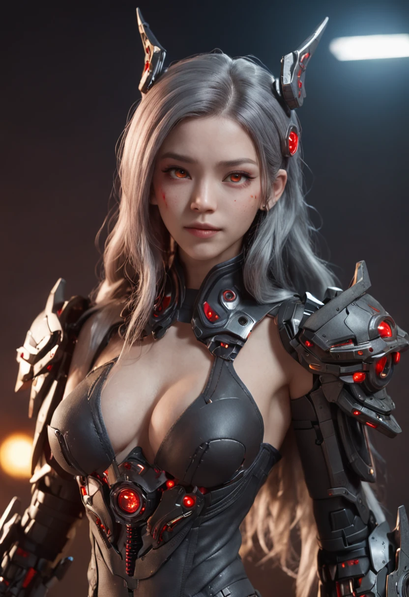 (Realistic: 1.2), (Realistic: 1.2), Masterpiece, Best Quality, Ultra Detailed, Very Detailed Illustration, Very Detailed, Intricate Detail, High Resolution, Super Intricate Detail, Very Detailed 8k CG Wallpaper, (Neon: 1.2), (Fiber Optic Body: 1.2), (Realistic Metallic Glow), Cowboy Lens, Caustics, Reflections, Ray Tracing, Devil Theme, Nebula, Dark Halo, Network Effects, (1 girl: 1.4), solo, alone, mecha wood sumui, mechanical parts, robot joints, single robotic arm, headdress, mechanical halo, star halo, complex mechanical tights, mecha corset, kimono, fully armored, very long hair, gray hair, hair between eyes, multicolored hair, colored inner hair, red eyes, glowing eyes, eye tracks, random expressions, random movements, ancient Japanese architecture, ponds, starry sky, skyline, ((sexy, big breasts, big breasts, huge tits, low cut))