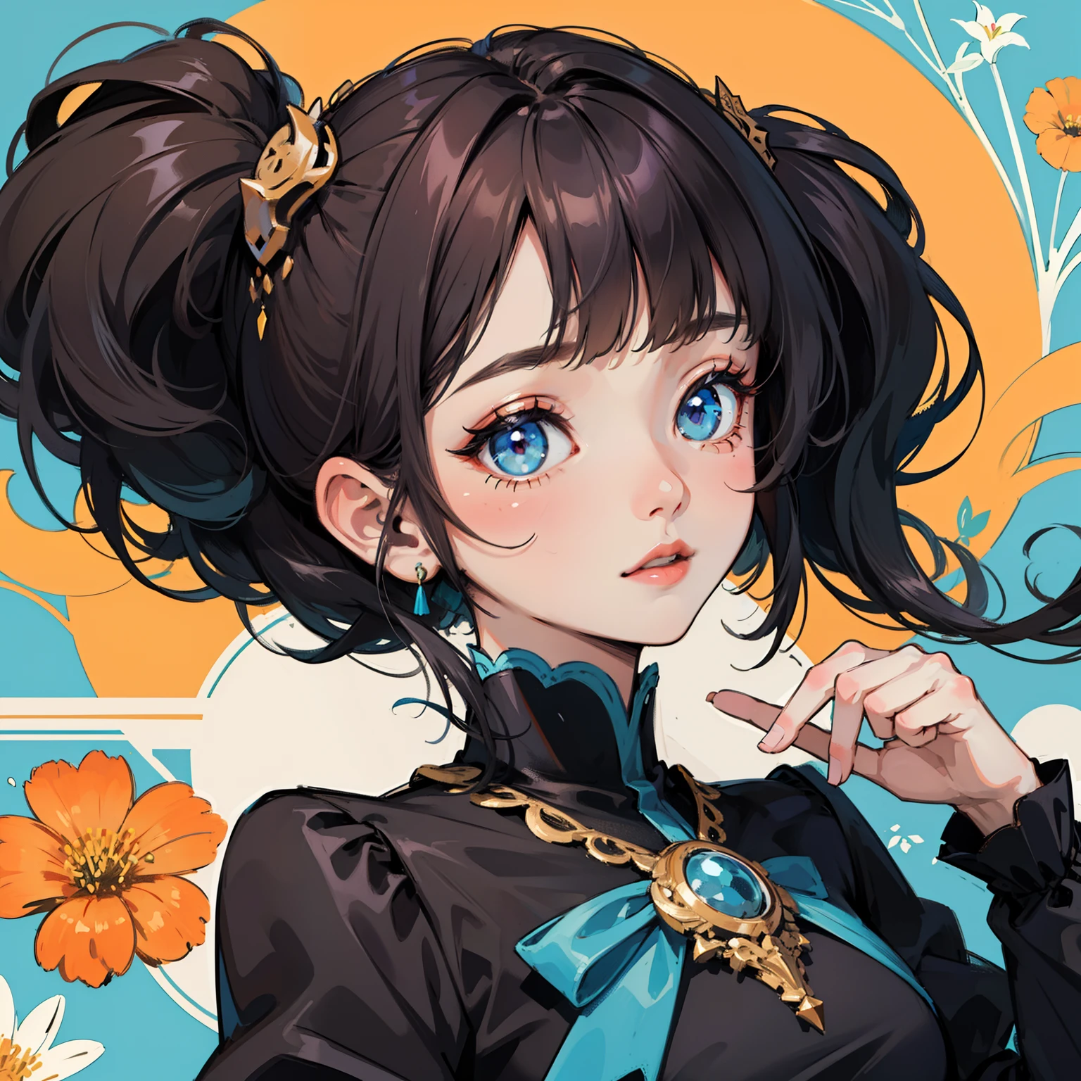 masterpiece, best quality, 1girl, flowers, flat color, lineart, ornate, blue theme , left side