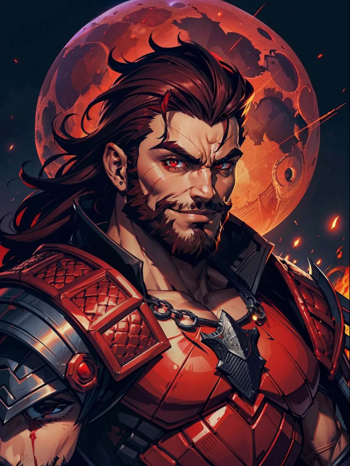 Dark night blood moon background, Hades style, game portrait. Sadurang from Marvel, hunk, buffed physics, short mane hair, mullet, defined face, detailed eyes, short beard, glowing red eyes, dark hair, wily smile, badass, dangerous. Wearing full armor with red dragon scales, cape of furs.  Breath fire.