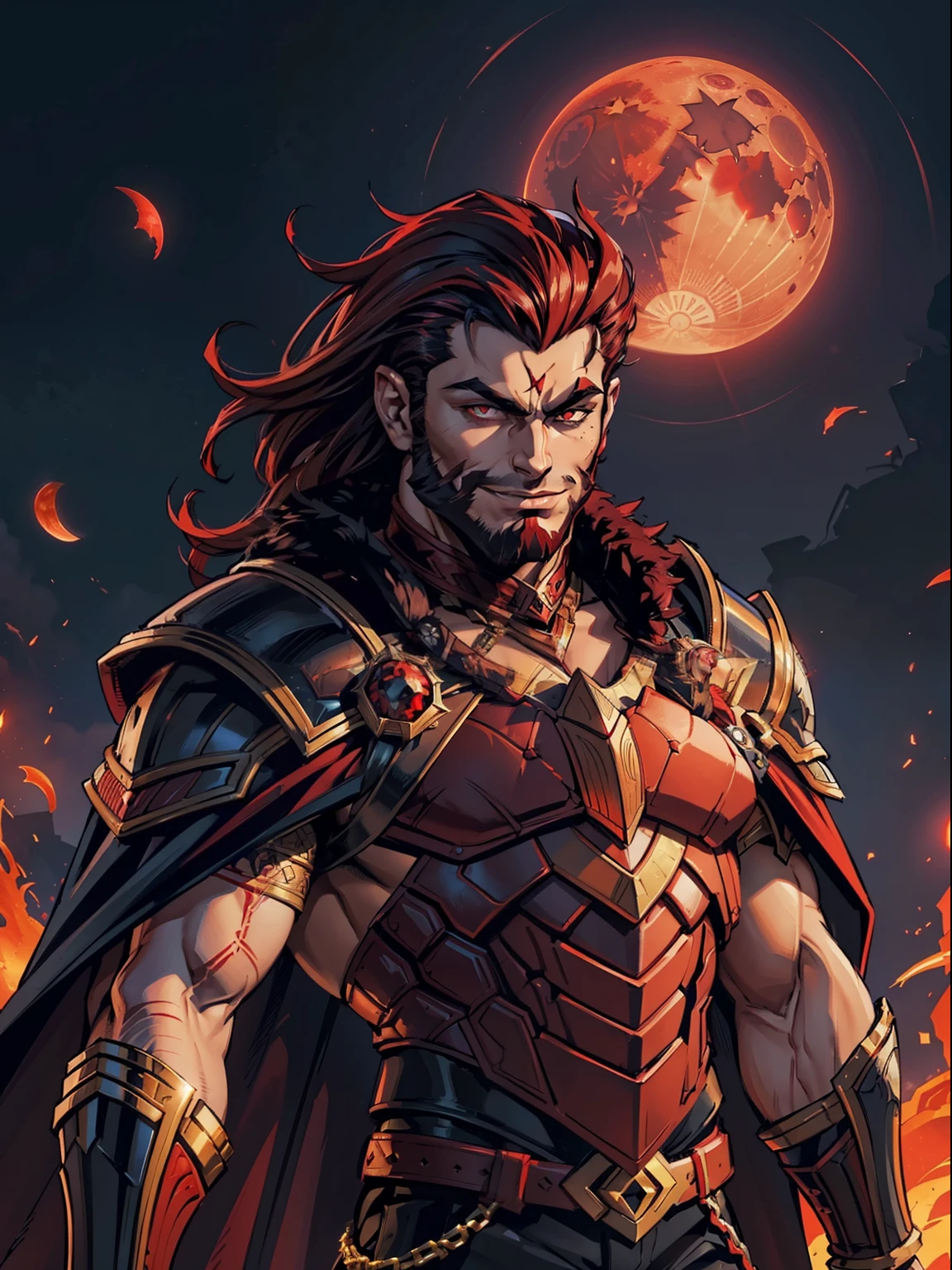 Dark night blood moon background, Hades style, game portrait. Sadurang from Marvel, hunk, buffed physics, short mane hair, mullet, defined face, detailed eyes, short beard, glowing red eyes, dark hair, wily smile, badass, dangerous. Wearing full armor with red dragon scales, cape of furs.  Breath fire.