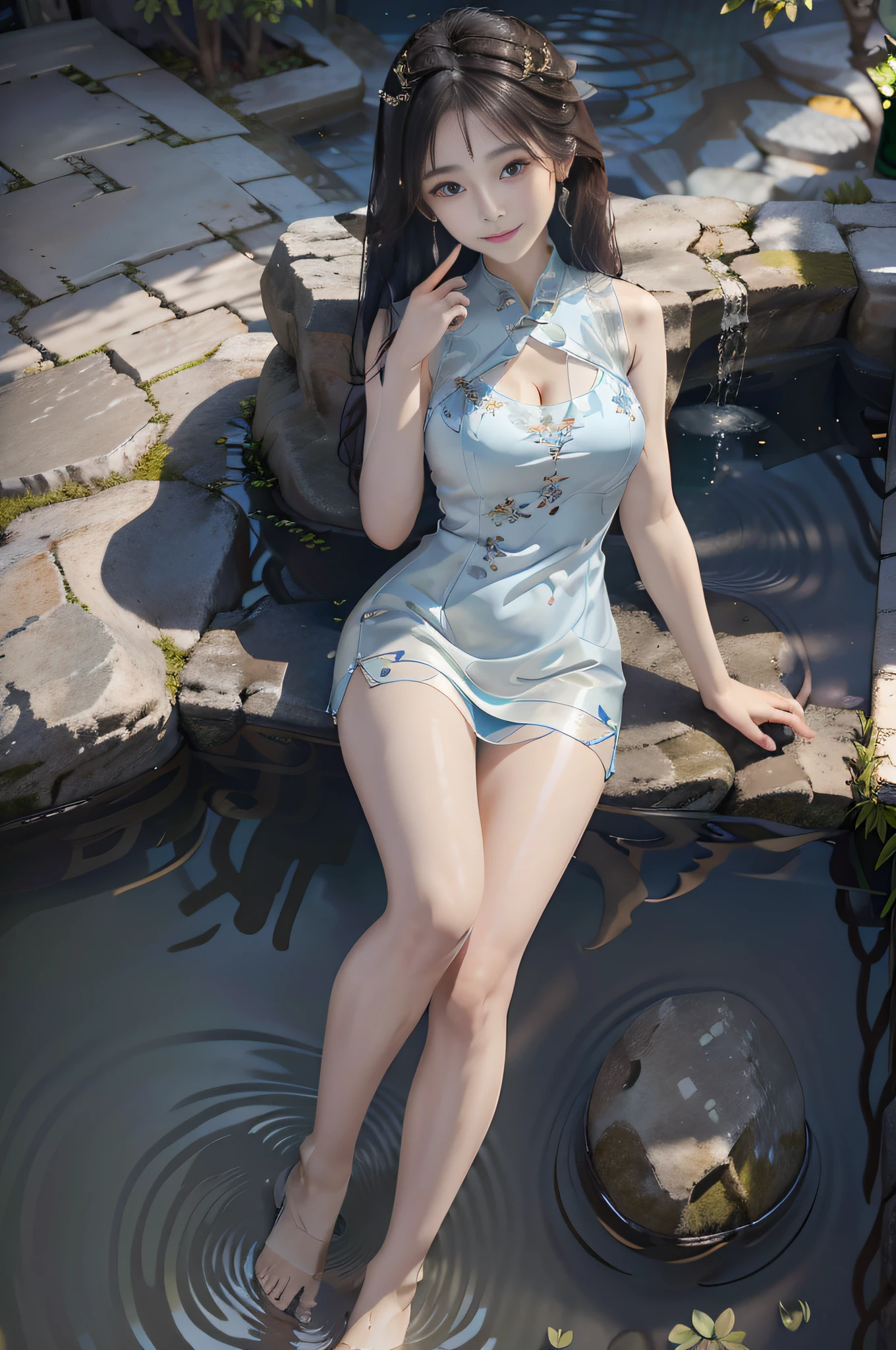 Best image quality),(Works of masters),超高分辨率,(8K分辨率),full body shot shot,solo person,(goddes),Big watery black eyes,Toothy smile,Stretch out,Hands in the back of the head,Fair smooth skin,(Translucent blue vest),(Ultra-white skirt),((Get wet)),((bare-legged)),(Sunny summer),(The endless sea),(high detal),((Higher quality)),Long Light Hair,(Works of masters),(depth of fields),Lively and cute beautiful girl,Soaked clothes with water,High tide beach